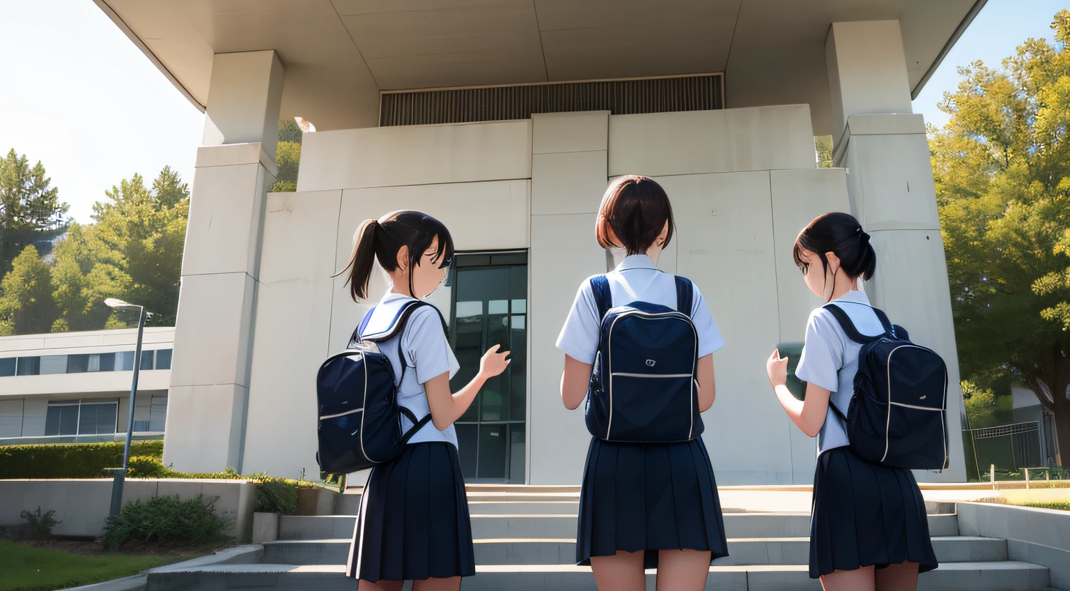 Three junior high school students stood in front of the school in their uniforms,Say hello to each other,Carrying a school bag,On campus are the running track and teaching buildings