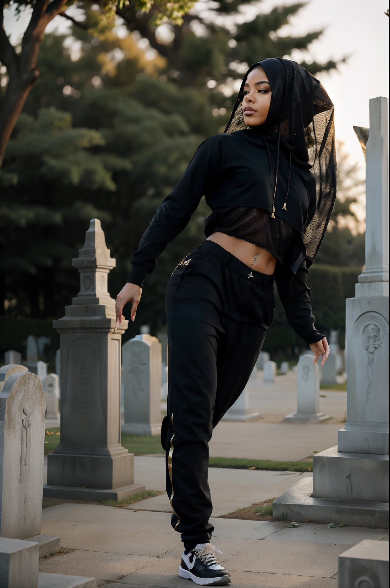 female hip hop star in veil black crazy insane footwork dance choreography breakdancing she is breakdancing at the cemetery at a funeral to honor the fallen at noon golden hour