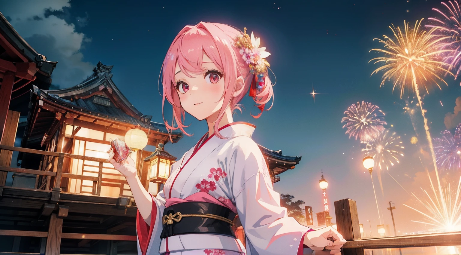 masterpiece、top-quality、Movie stills、1girl in、pinkhair、shorth hair、short-cut、Japanese dress、Kimono、with light glowing、Happiness、kawaii、homeliness、Fantastical、Night view of fireworks(Spark:0.7)