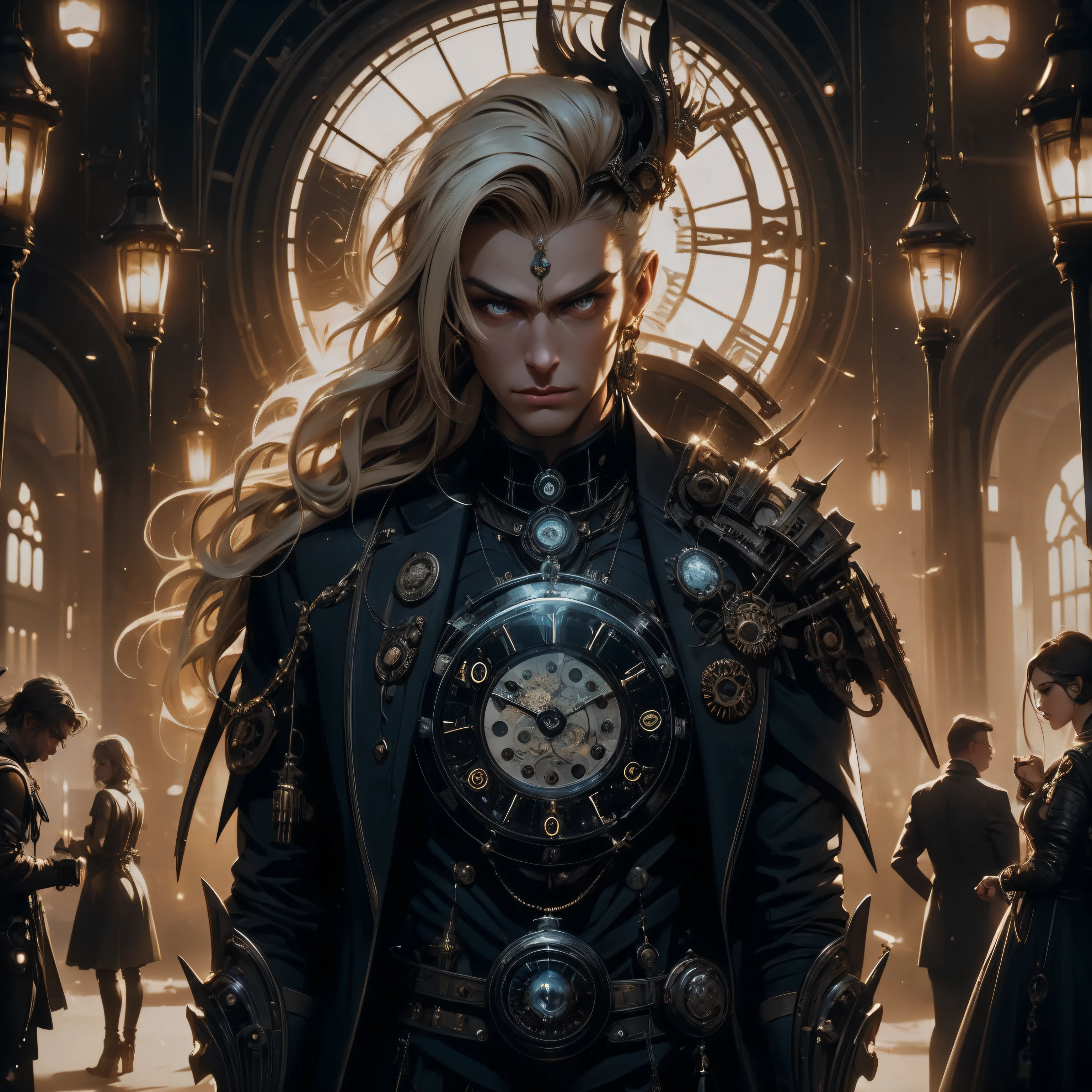 film grain, high quality, warm colors, colorful, OverallDetail, volumetric lighting, backlight, rim light, 1 girl, adult (elven:0.7) woman, yellow eyes, blonde razor cut hair, Style-GravityMagic, solo, (full body:0.6), looking at viewer, detailed background, detailed face, (steampunkai, steampunk theme:1.1) (time sorcerer:1.1), timeless, endless space, circular patterns, clock, clockwork, clock gears, sands of time, energy, dynamic pose, light aura, cosmic space in background, epic atmosphere