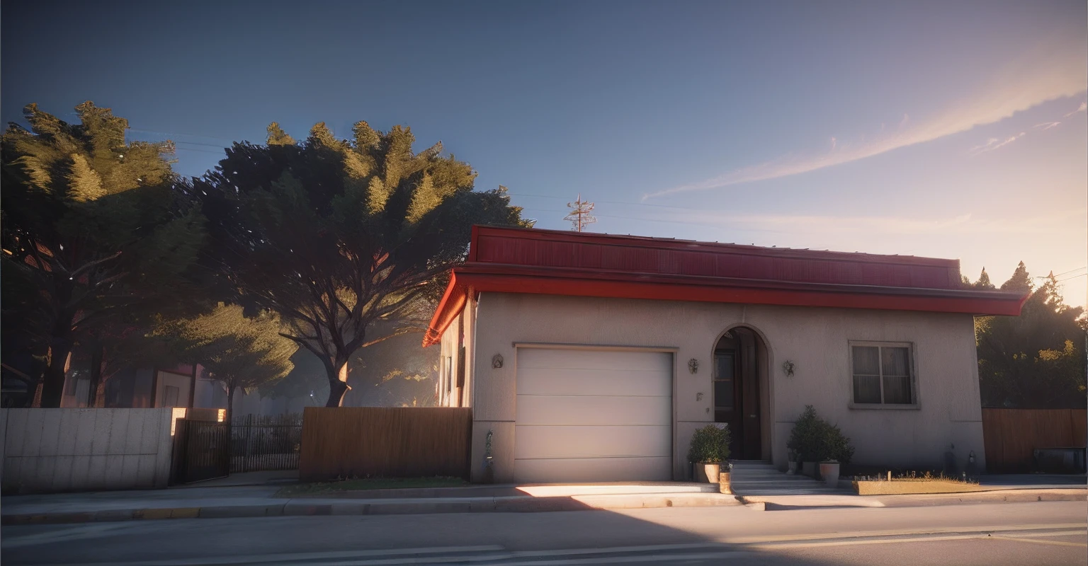 There is a white house with a red roof and a red roof, Lumion Pro rendering, night ligthning, ((gta 5 casa screenshot)), renderizado no lumion pro, renderizado em unidade 3 d, renderizado em unreal engine 3d, semi-realistic rendering, fully detailed render, captura de tela fotorrealista, realista estabelecendo tiro, renderizado no Unreal Engine 3, renderizado em lumion, renderizado no motor arnold