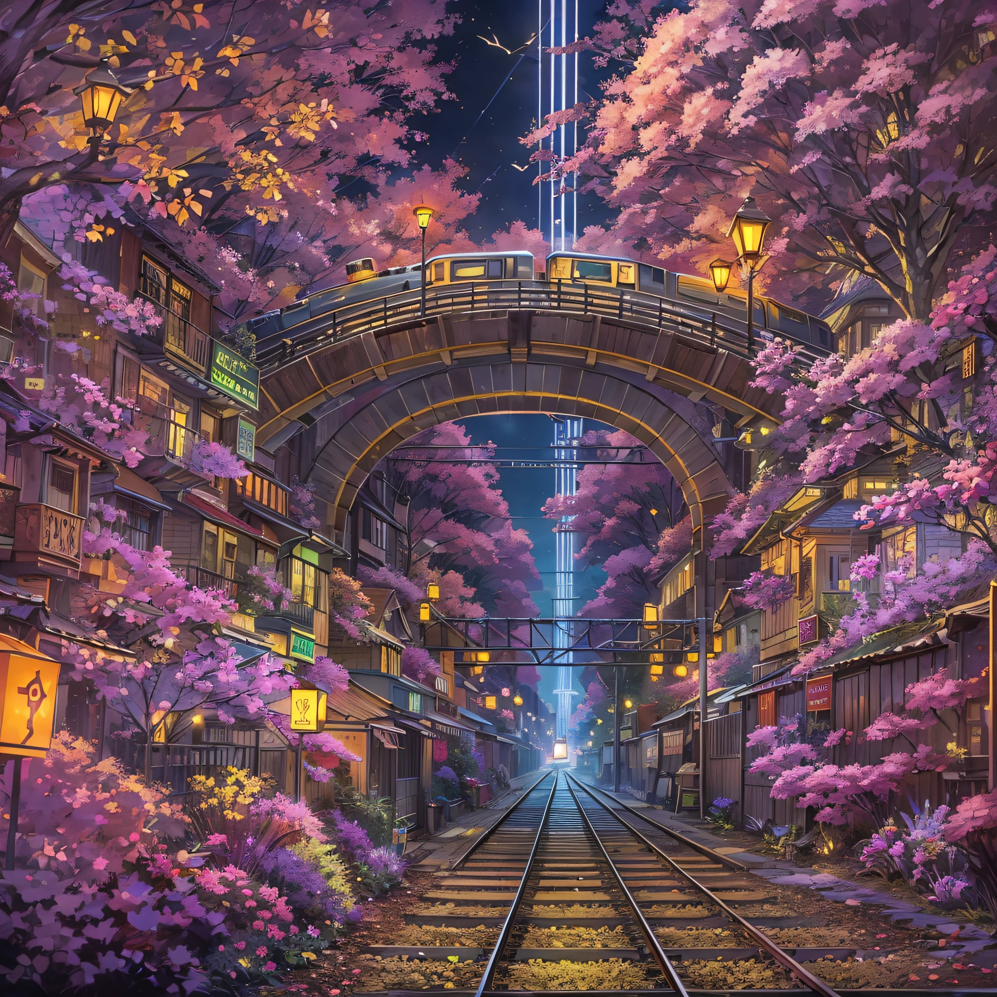 Wall-to-wall tiled luminous objects，appearance々Emission color，Fantasy landscape，A train passes right by，