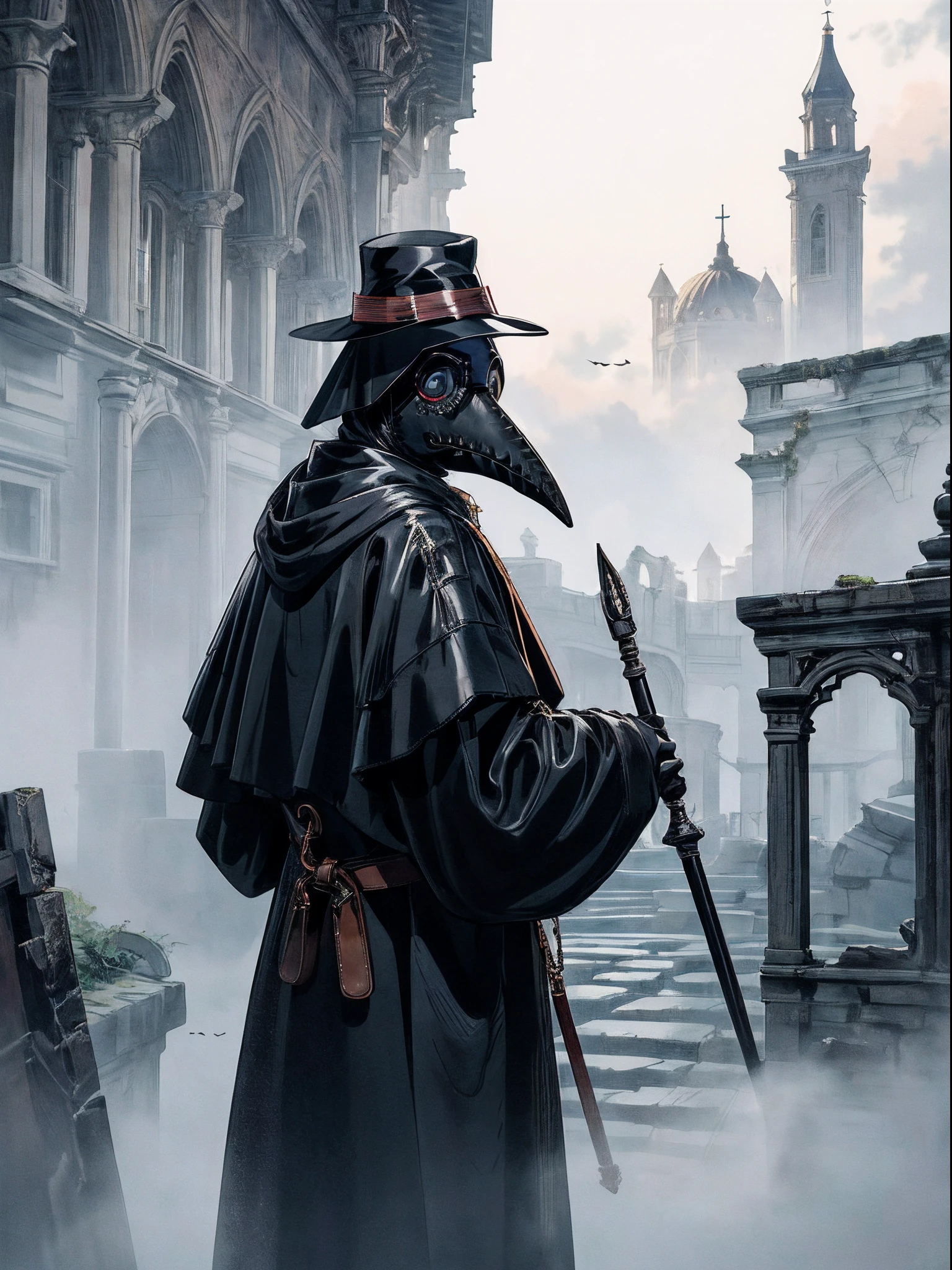 Beautiful, (masutepiece:1.2), (Best Quality:1.2), Realistic, Perfect eyes, Perfect face, Perfect Lighting, (1boy:1.2), plague doctor, Mask, Plague Doctor Mask, Faceless, With a cane, Evil atmosphere, skull belt,silk hat, chain, Black veil, trench coat, beaked mask, volume illumination:1.1, darkness, (detail: 1.2), cana, Floating particles, (depth of fields), High quality, Fujifilm 85mm, Ruins, landscape, highly detailed back ground, Nightmare, 8K, Convoluted, Grip, Mysterious,Black fog, Leather handbags,dark