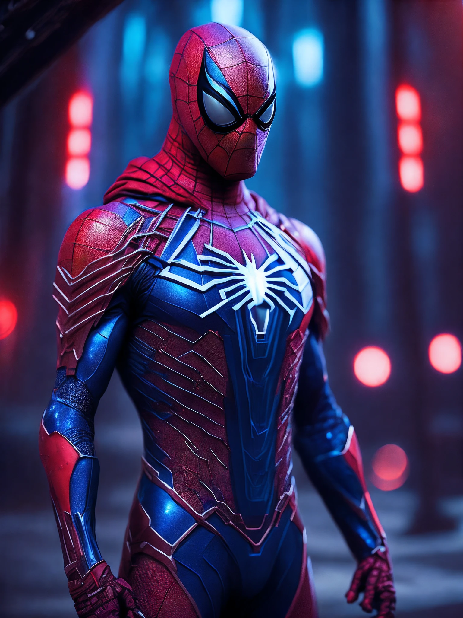 (cyborg: 1.2) spider-man robot with tron integrated circuit, emitting yellow flashes of details, (((kinetic))), full body masterpiece, high definition, 8k, very high quality, high detail face, sharp , dof, depth_of_field, midjourney style, cinematic, contrasting, detailed, 8k , sharp focus, cyberpunk,