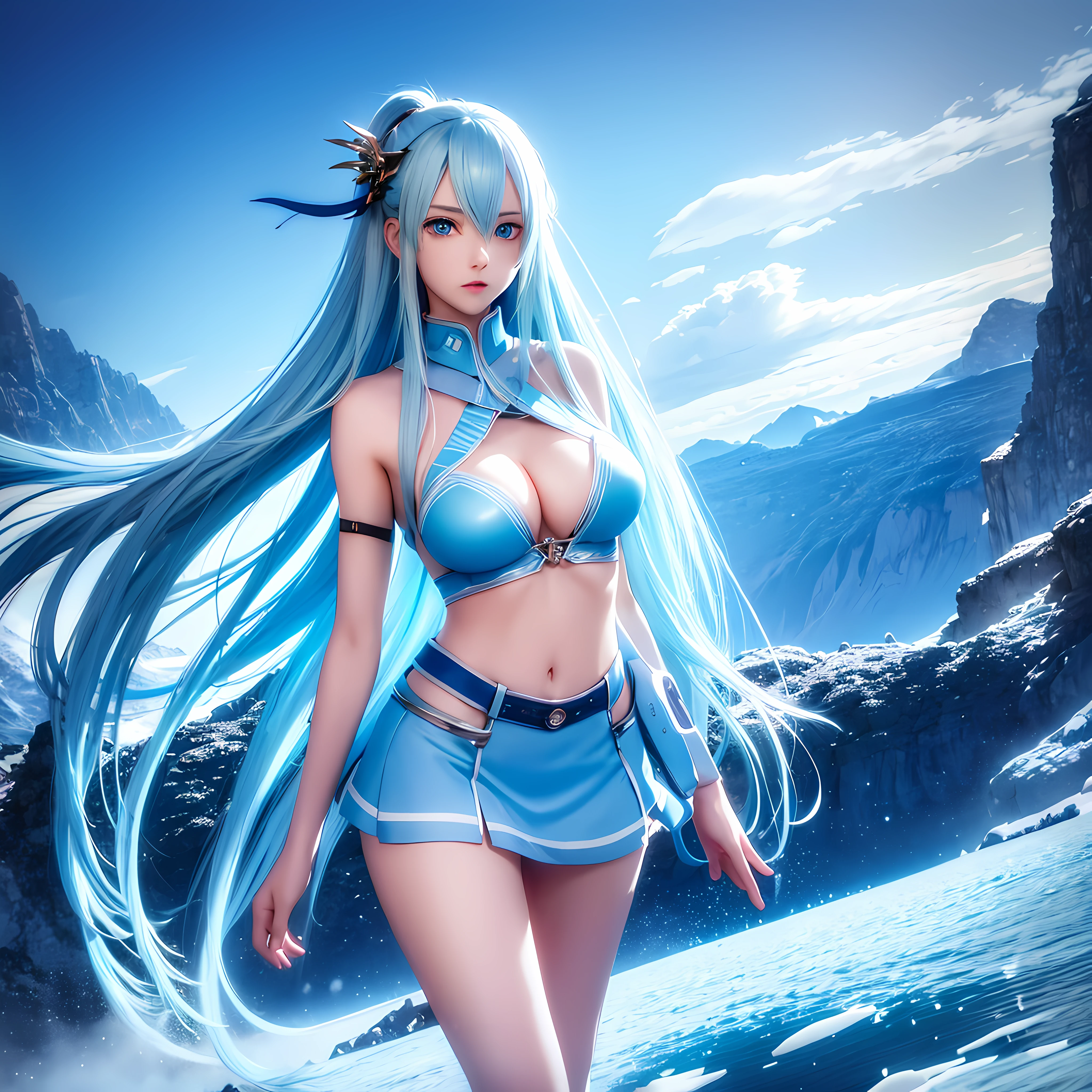 1girl, long ice blue hair, blue eyes, wearing bra, skirt shorts, landscape, absurdres, high res, ultrasharp, 8K, masterpiece, looking at viewer