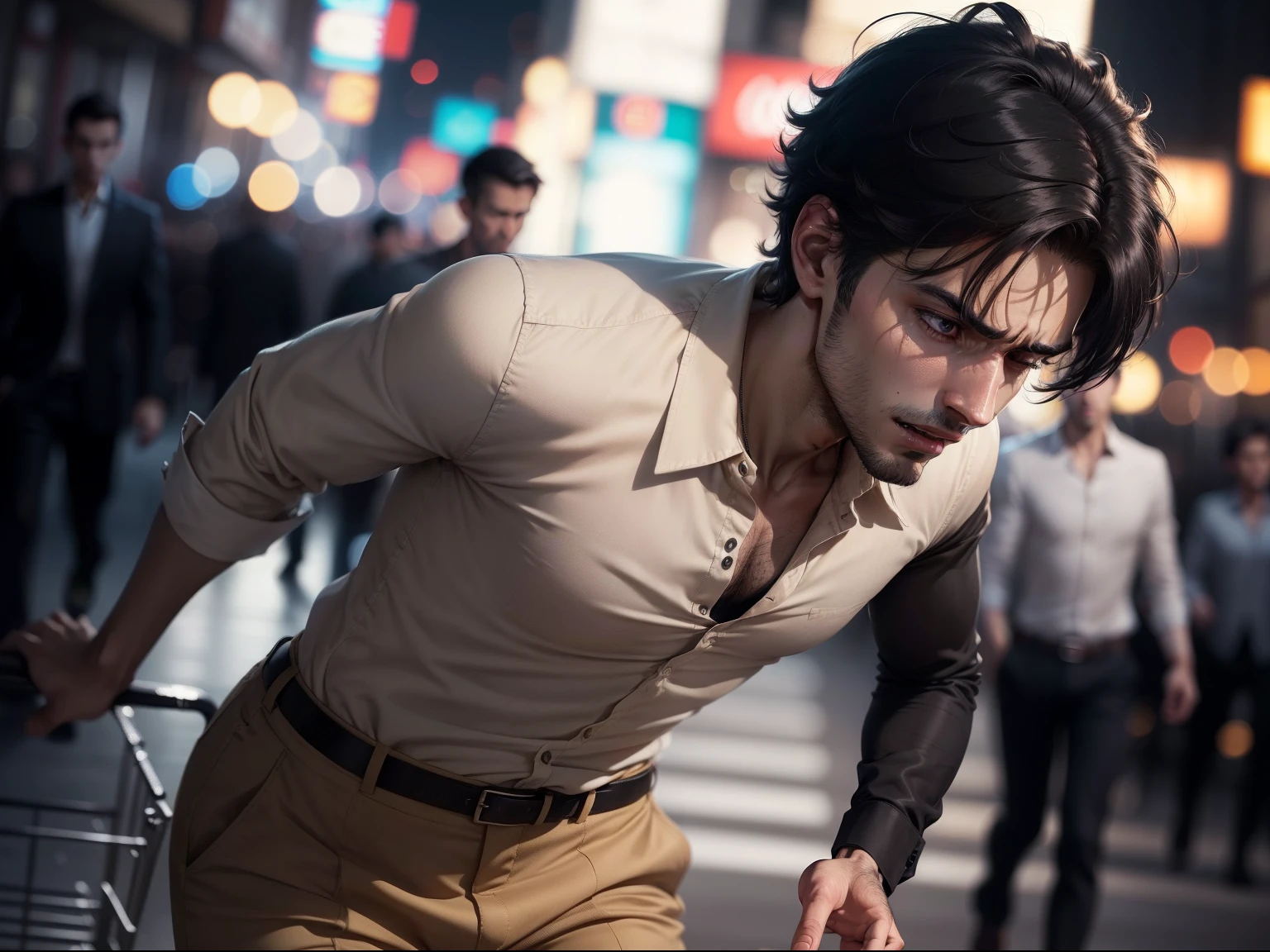 Ultra realistic 8k image of a slim 25 year old male, short black hair, extremely detailed eyes, dressed in a beige button-down shirt and beige pants, eyes half closed, teeth clenched, walking on a night street, dirty and dark, expression of pain, sweating night