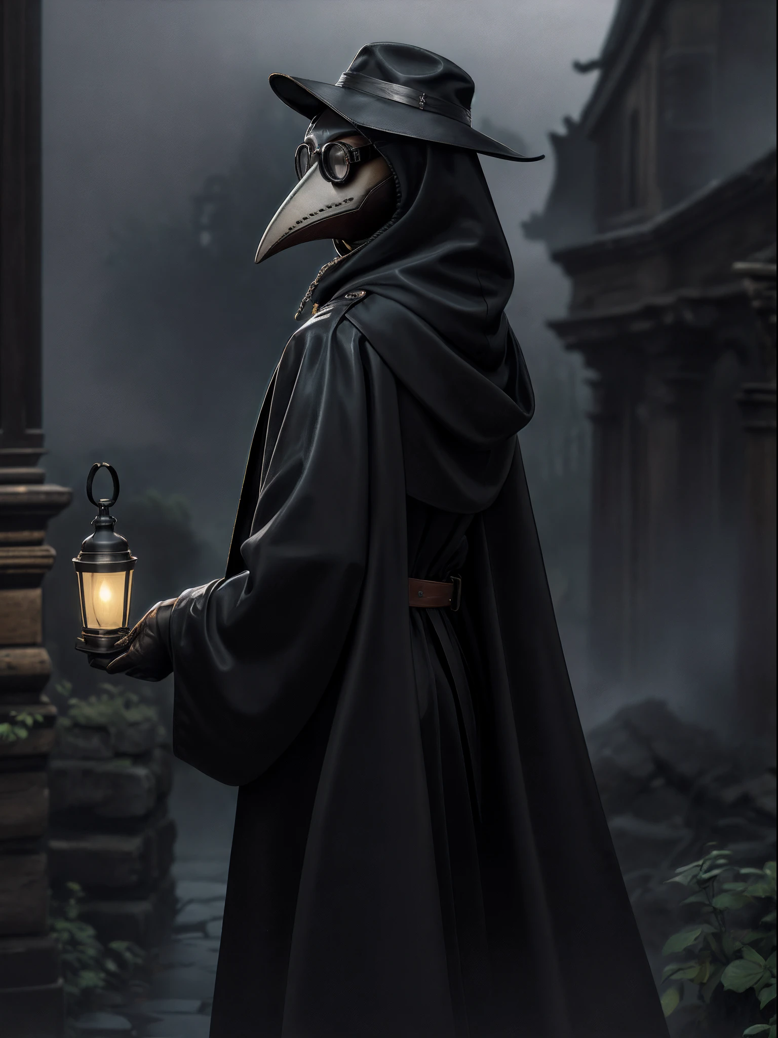 Beautiful, (masutepiece:1.2), (Best Quality:1.2), Realistic, Perfect eyes, Perfect face, Perfect Lighting, 1boy, plague doctor, hoods, Mask, Plague Doctor Mask, Faceless,Wooden cane, Evil atmosphere, skull belt,Round Lens Goggles,silk hat, chain, Black veil, trench coat, beaked mask, volume illumination:1.1, darkness, (detail: 1.2), cana, Floating particles, (depth of fields), High quality, Fujifilm 85mm, Ruins, landscape, highly detailed back ground, Nightmare, 8K, Convoluted, Grip, Mysterious,Black fog, Leather handbags