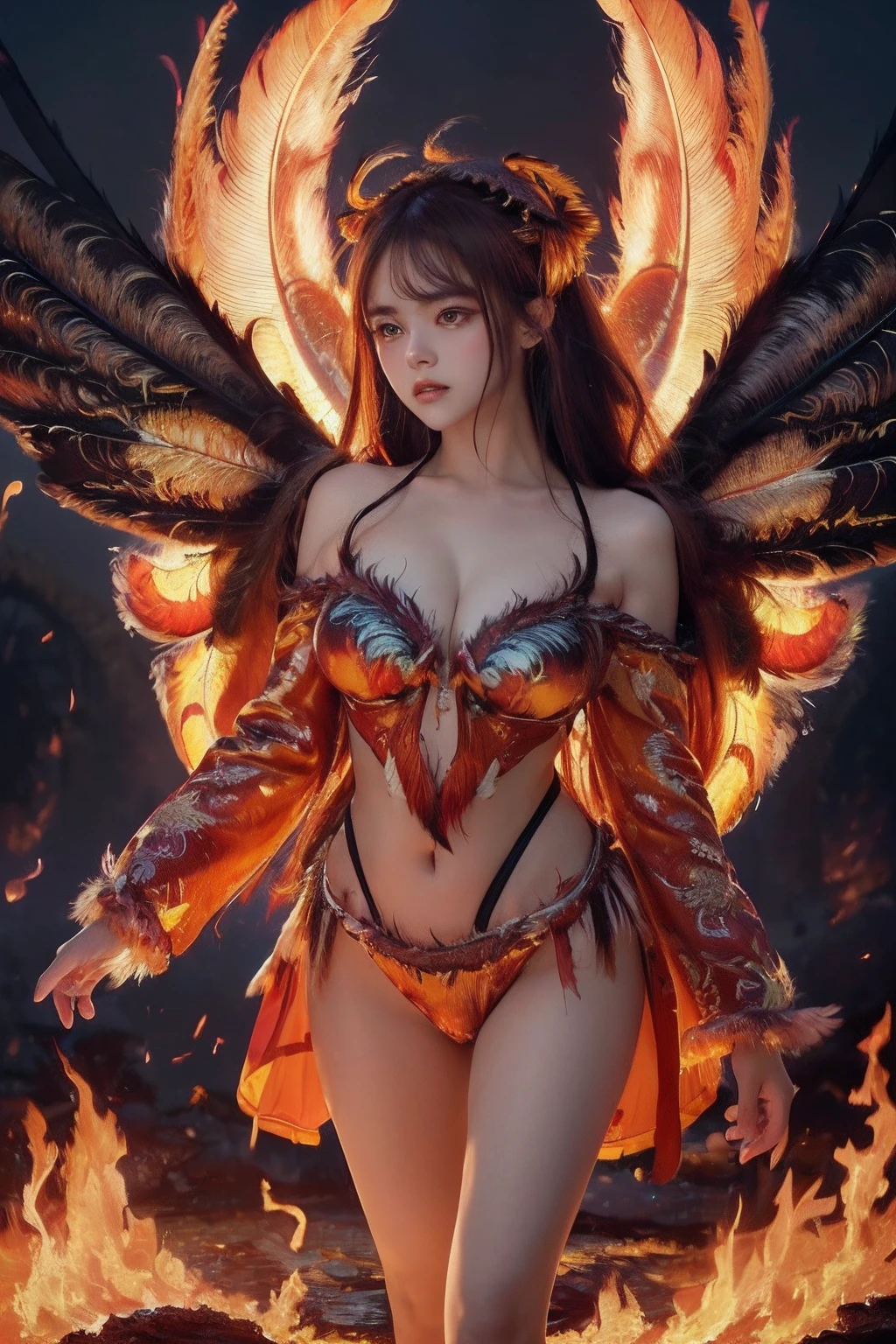 offcial art, Ultra detailed, Beautiful and aesthetic, Beautiful, Masterpiece, Best quality,A woman stands on lava,Dressed in gorgeous Lolita costume robes, 8K,((Focus on the thighs)),(looking toward the viewer:1.5),Gray sky,The sky is covered with burning embers,supreme, landing, (Wings, Floating hair,Wings of Fire, Fire feathers:1.5),