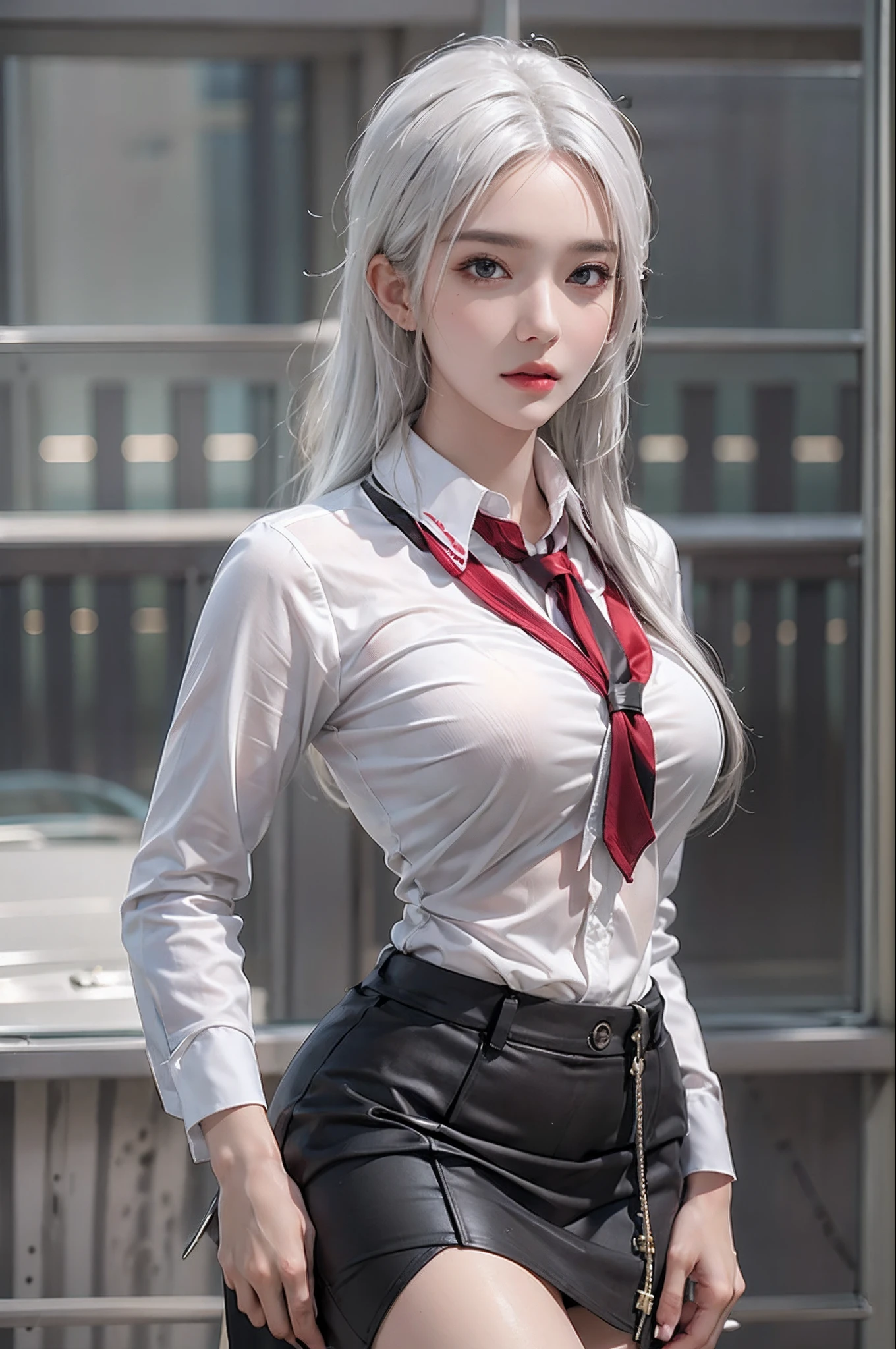 photorealistic, high resolution, 1 women, solo, hips up, look at viewer, (detailed face), white hair, long hair, secretary uniform, skirt