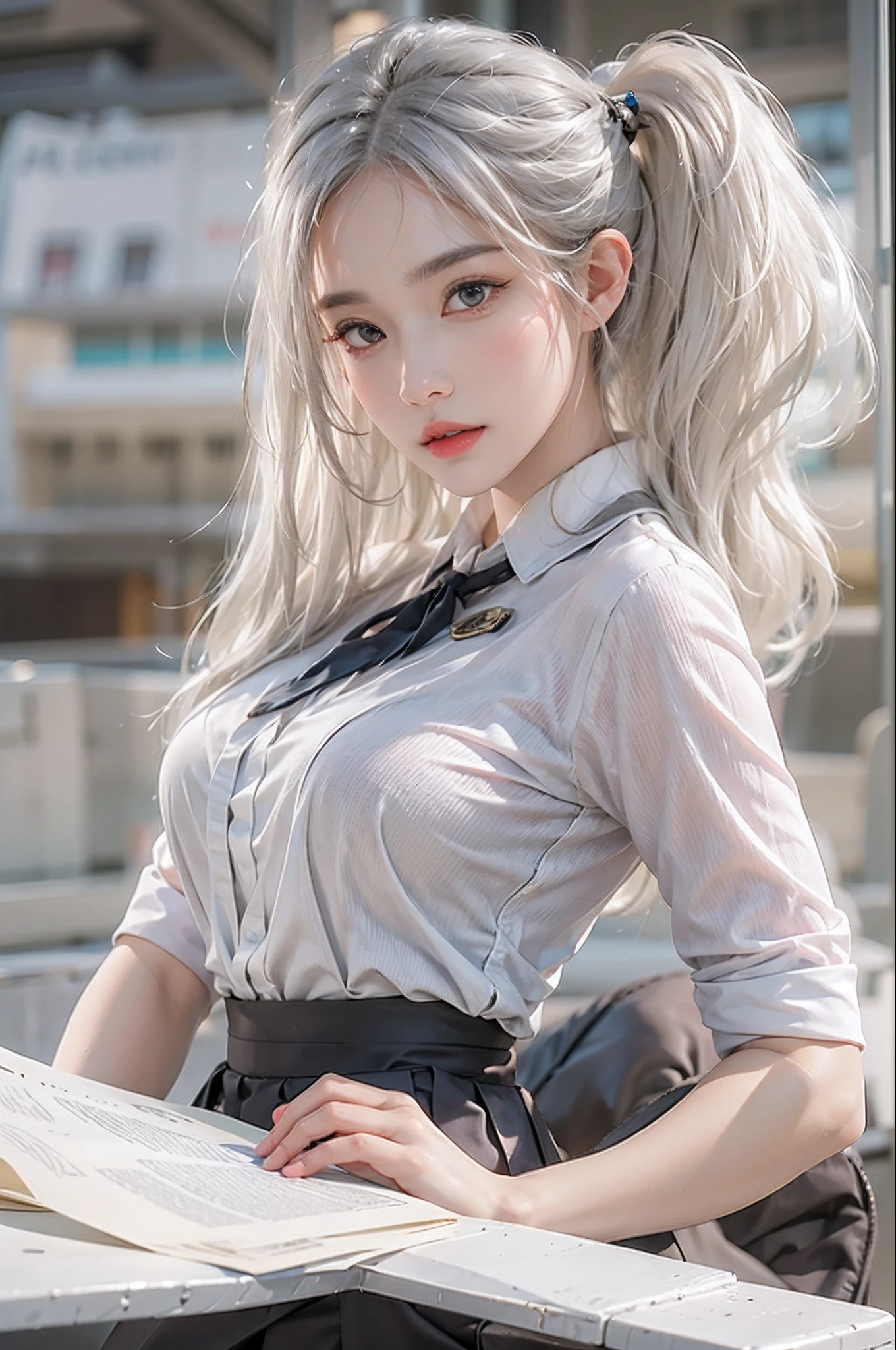 photorealistic, high resolution, soft lights, 1women, mature female, milf, solo, hips up, blue eyes, white hair, long hair, school uniform, shirt, skirt, thigh highs