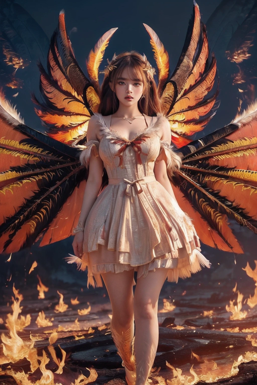 offcial art, Ultra detailed, Beautiful and aesthetic, Beautiful, Masterpiece, Best quality,A woman stands on lava，Dressed in gorgeous Lolita costume robes, 8K,((Focus on the thighs))，(looking toward the viewer:1.5)，Gray sky,The sky is covered with burning embers,supreme, landing, (Wings, Floating hair,Wings of Fire, Fire feathers:1.5),