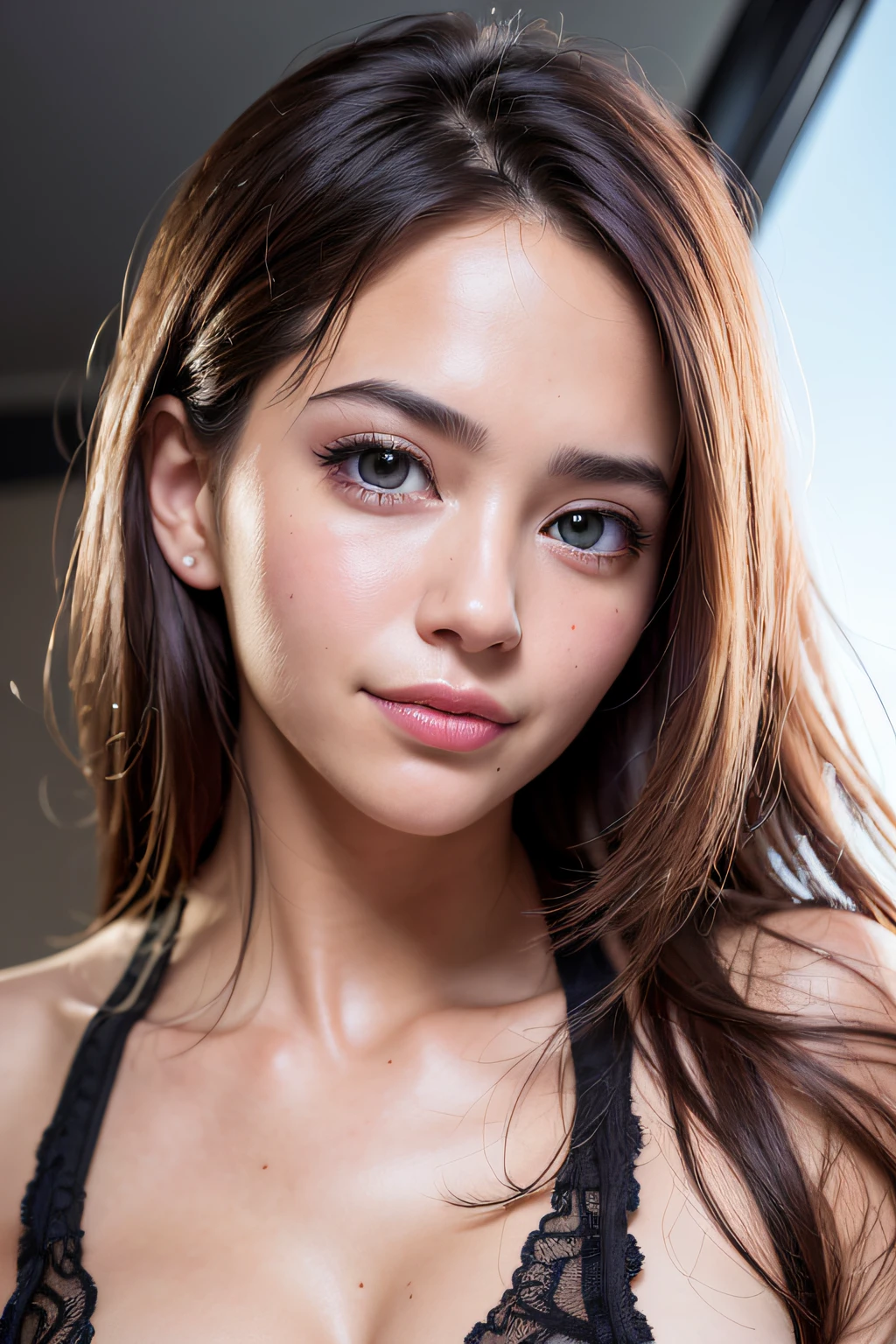 (realistic, photo-realistic:1.37),(8k, RAW photo, best quality, masterpiece:1.2), cute, ultra-detailed,heart-shaped pupils,physically-based rendering, ultra high res, kodakvision color, shot on Arricam LT Camera, bokeh, sharp focus,
looking at viewer,photorealistic,realistic, solo, photorealistic, best quality,extremely detailed face,extremely detailed eyes and face, beautiful detailed eyes,absurdres, incredibly absurdres,haunting smile,Messy hair, floating hair, ,