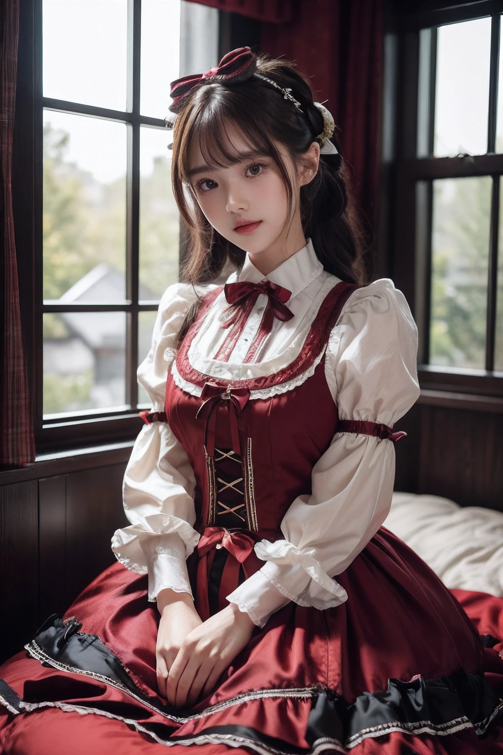 (Realistic:1.3), finely detailed, quality, Rembrandt lighting, (Masterpiece:1.2), (Photorealistic:1.2), (Best quality), (Detailed skin:1.3), (Intricate details), Dramatic, Ray tracing, 1girll, Japanese girl, 21 years old, Detailed skin texture, (Blush:0.5), (goosebumps:0.5), Subsurface scattering, Smiling, Medium breasts, updo hair, bangs, hair between eye, Etchfra, Wear ta Costume Outfit, Woman wrapped in red ribbon, Bow knot, (Romantic bedroom, Bed, rose petals, Night, window),