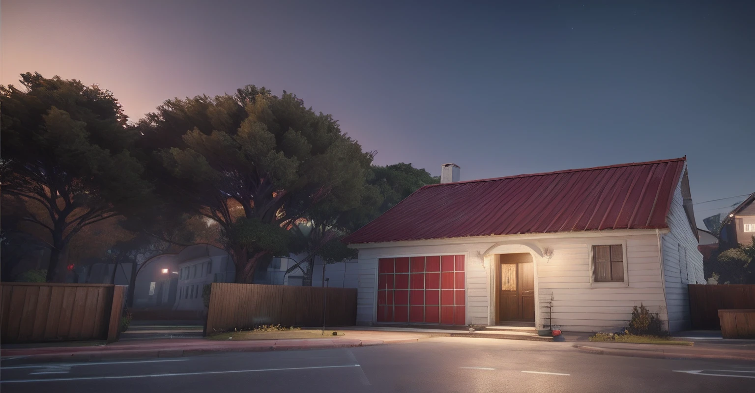 There is a white house with a red roof and a red roof, Lumion Pro rendering, night ligthning, ((gta 5 casa screenshot)), renderizado no lumion pro, renderizado em unidade 3 d, renderizado em unreal engine 3d, semi-realistic rendering, fully detailed render, captura de tela fotorrealista, realista estabelecendo tiro, renderizado no Unreal Engine 3, renderizado em lumion, renderizado no motor arnold