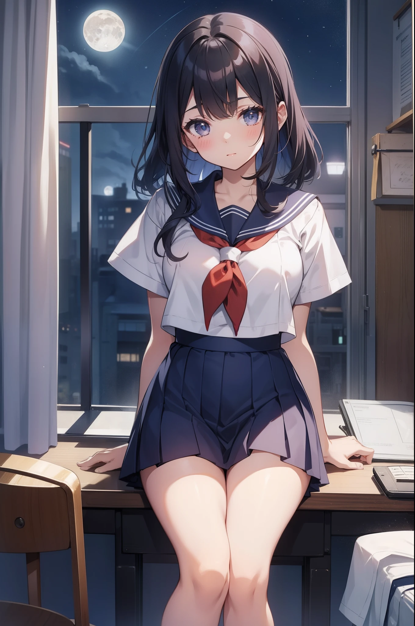 A junior high school girl in a sailor suit with thick thighs in the school infirmary until late at night、a moon、stele