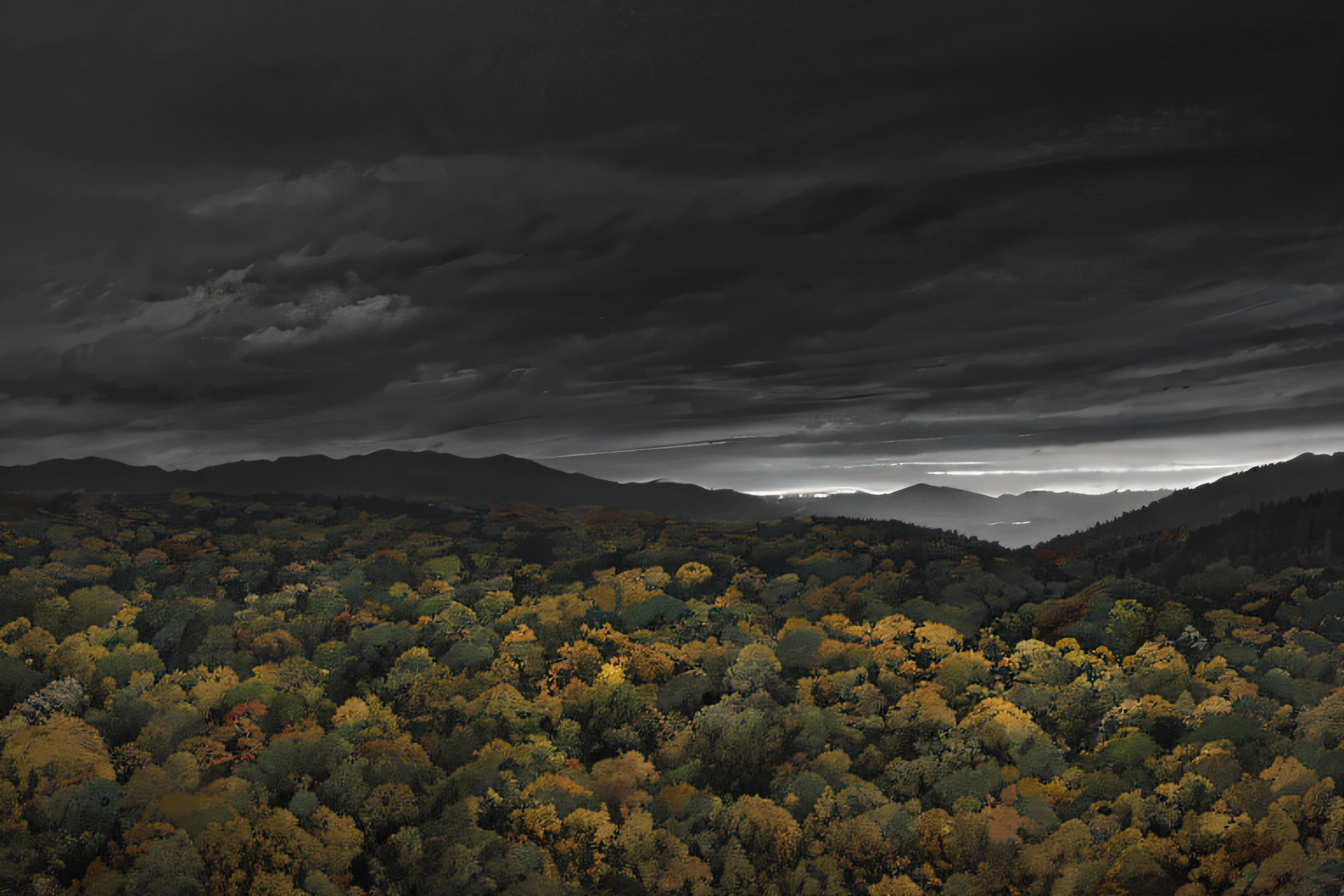 Landscape, deciduous forests, hills, storm
