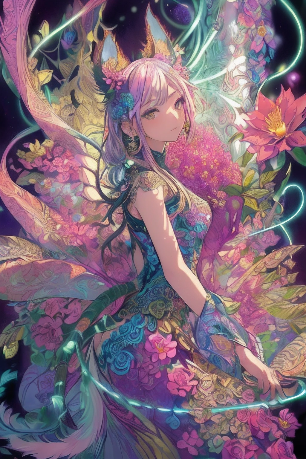 (masutepiece,Beautiful and aesthetic:1.2), (1girl in:1.3), Extremely detailed,(Fractal Art:1.1),(Colorful:1.1)(Flowers:1.3),highest details,(Zentangle:1.2), (Dynamic Pose), (Abstract background:1.3), (Shiny skin), (Many colors:1.4),(earrings), (Tail of light :1.5),Ivy Frame,