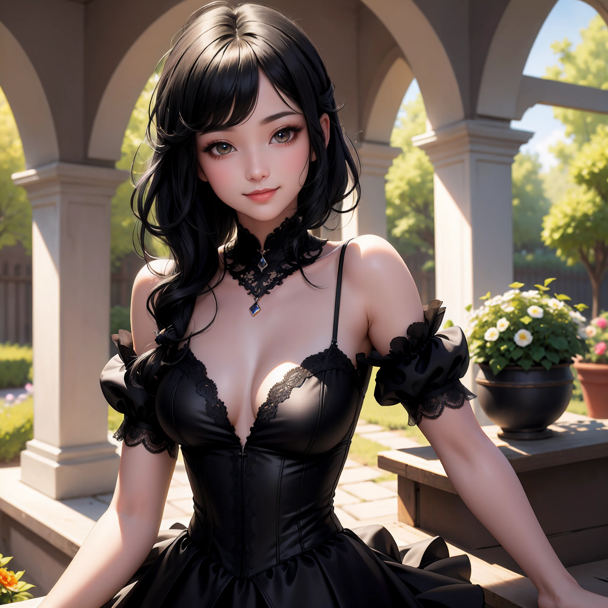 (masterpiece:1.2),(rich_colors, smile, sh, white hair: 1.2), 4k_resolution, absurdres,denoising, dynamic_lighting,soft_lighting,realistic,adorable girl,solo,(black hair:1.5), adorable face,age, jewelry eyes, jewel like eyes,breasts:0.4,small breasts:1.2, black dress, garden, antique building, sunshine