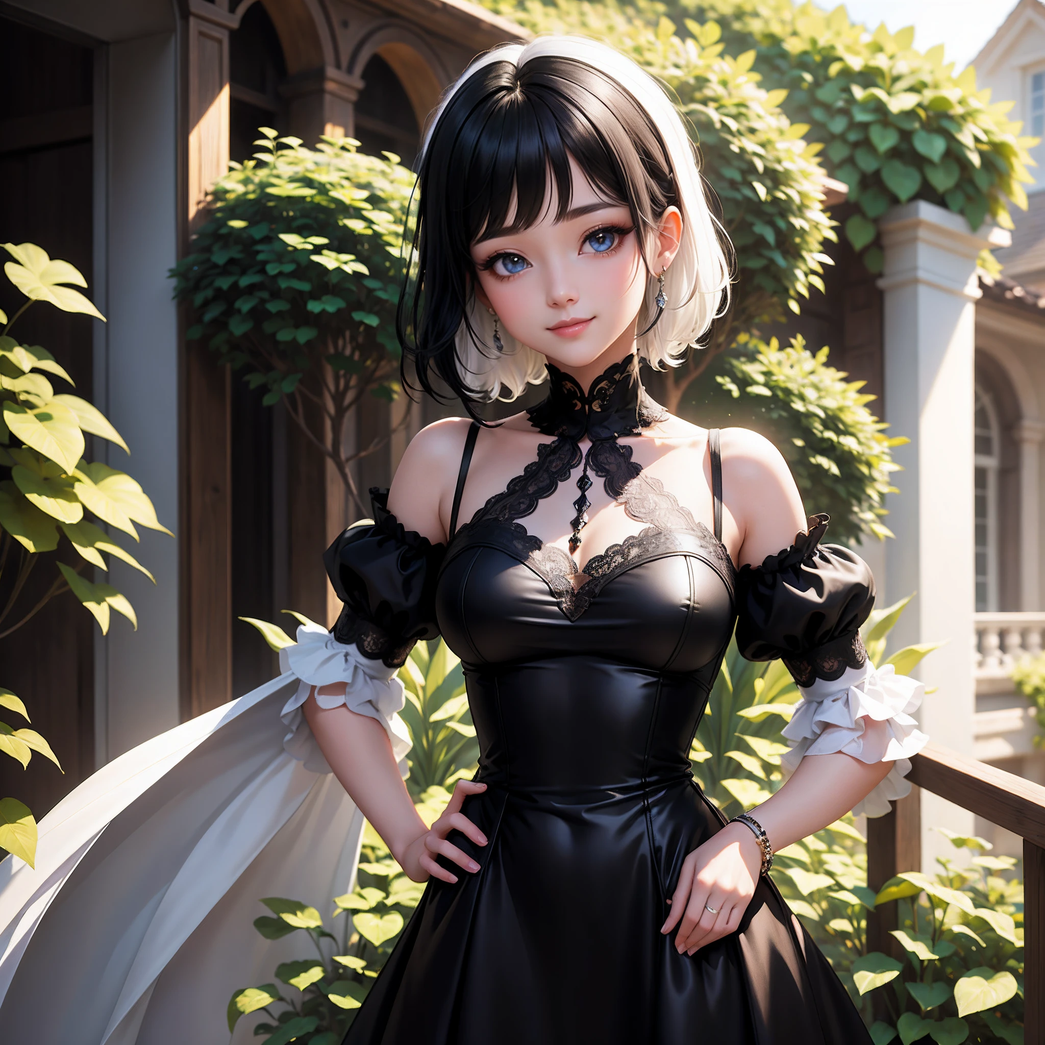 (masterpiece:1.2),(rich_colors, smile, sh, white hair: 1.2), 4k_resolution, absurdres,denoising, dynamic_lighting,soft_lighting,realistic,adorable girl,solo,(black hair:1.5), adorable face,teenage, jewelry eyes, jewel like eyes,breasts:0.4,small breasts:1.2, black dress, garden, antique building, sunshine