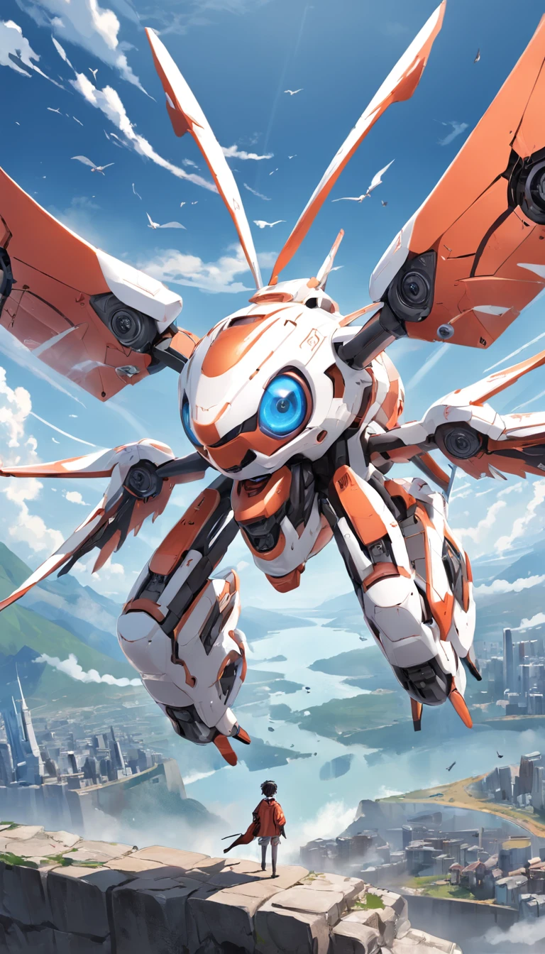 Quadcopter UAV，white backgrounid，With some mecha style，Product design drawings，Advertising design，illustration，Thrilling battles，high aerial shot，Flight stability，Changeable perspectives，detail-rich，Bird's eye view，Unique perspective，Dynamic graphics，Full of technology，Amazing。