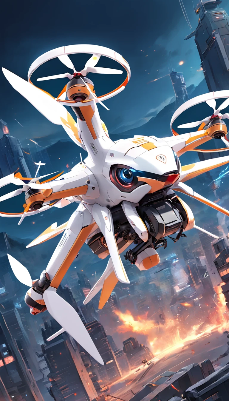 Quadcopter UAV,white backgrounid,With some mecha style,Product design drawings,Advertising design,illustration,Thrilling battles,high aerial shot,Flight stability,Changeable perspectives,detail-rich,Bird's eye view,Unique perspective,Dynamic graphics,Full of technology,Amazing。