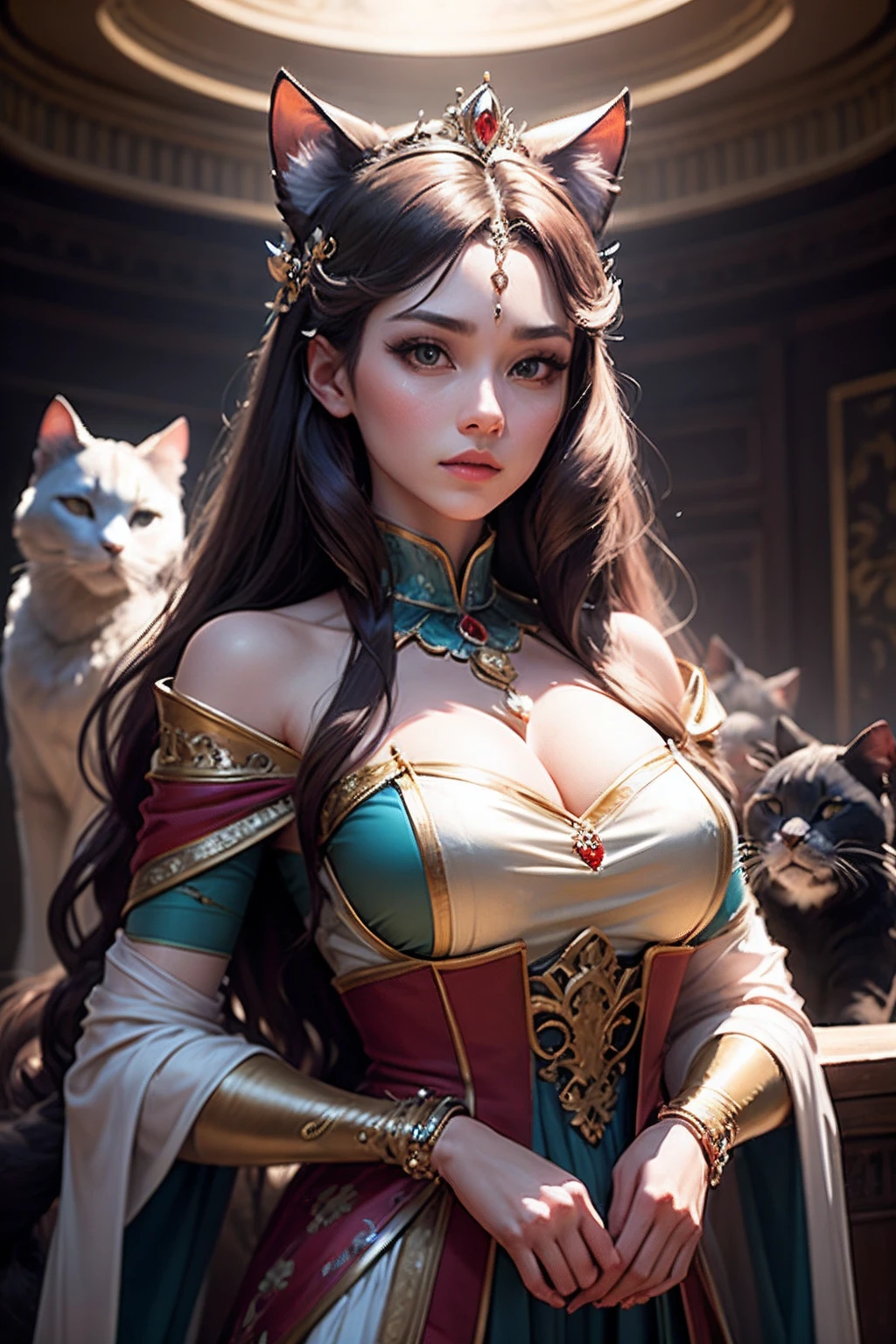 Princess with a cat's head、There are two cunning dogs around、Princess in luxurious costume、
media:Pay close attention to detail、Studio photography with high-quality lighting technology
style:Hipster and extravagant、Showcasing the intersection of majesty and untouched beauty
illumination:intimate, Dim lighting、Creates an enchanting and charming atmosphere
configuration:The princess is placed in the center of the frame、Although exuding confidence and grace、Wild cats strategically placed around her、Capture their power and elegance。The complex and luxurious interior is、、、、、、、、、Enhances the feeling of grandeur and sophistication。The overall configuration is、Evoke a sense of harmony between the princess and the beast、Emphasize their mutual respect and strength。studio lights、Highlight the details of the princess's attire and the majestic features of wild cats、Creates a visually appealing and high-fashion aesthetic。This photo is、Captures the essence of a powerful and seductive woman surrounded by untouched beauty。