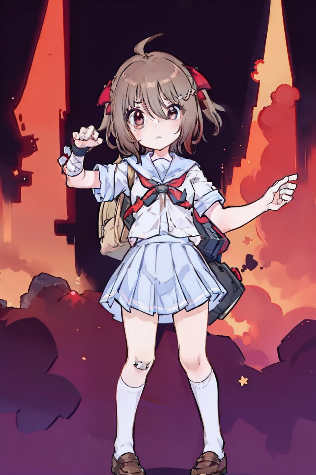 simple pose pose, standing still, zoomed out frame, lively pose, simplified looks, chibi, cartoony look, round head, noodle limbs, simple shading, young girl, kid, child, vtuber, school girl, anime school girl, gymbag, backpack, bandages, chin bandage, missing teeth, short hair, happy, angry, evil, dark school clothes, red ribbon, dark school uniform, red eyes