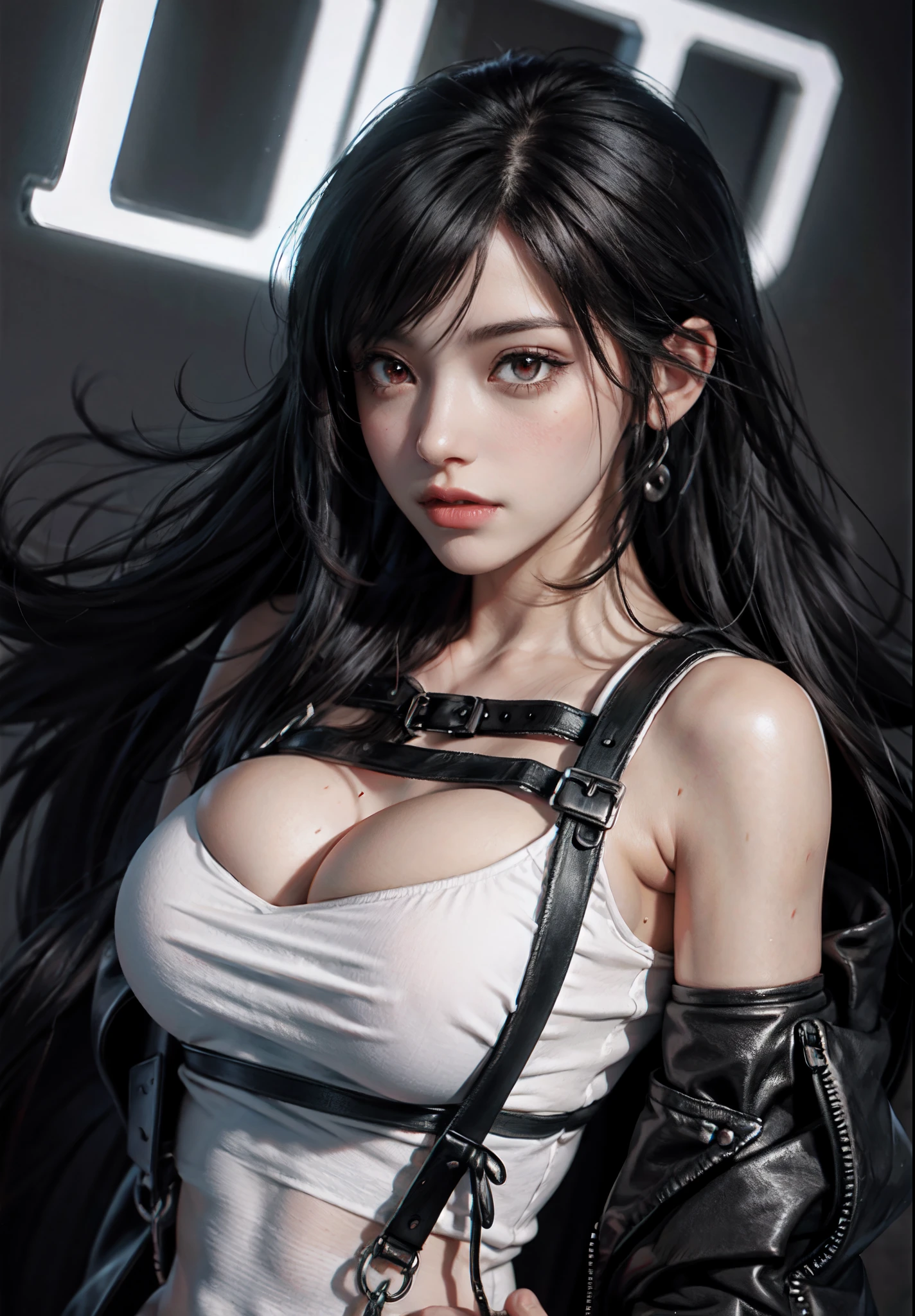 Tifa lockhart, huge breasts, long black hair, red eyes,