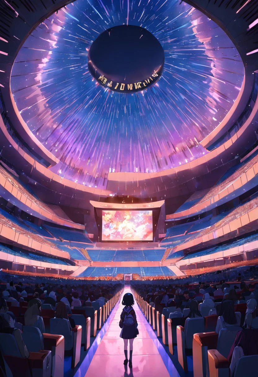A woman standing in a large auditorium with a large screen - SeaArt AI