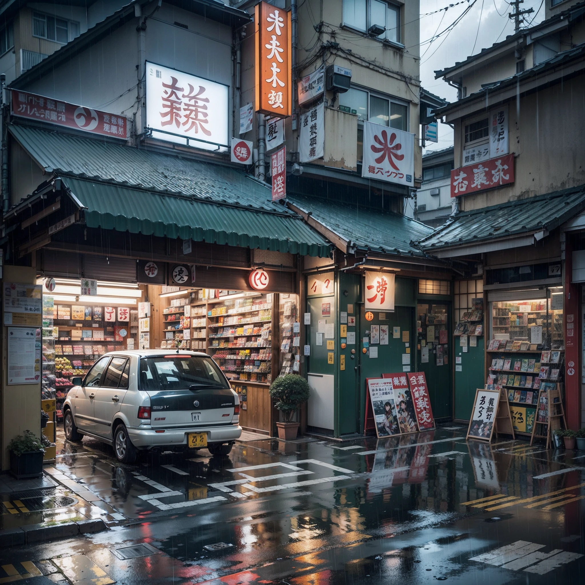 parked car in the middle modern, urban, empty Japanese street. Anime background, anime, anime style. big Japanese shop signs, retro Japanese shop banners. (no one :1), no one in sight. gloomy weather, rain, heavy rainfall, heavy rain, puddles. best quality. no faces