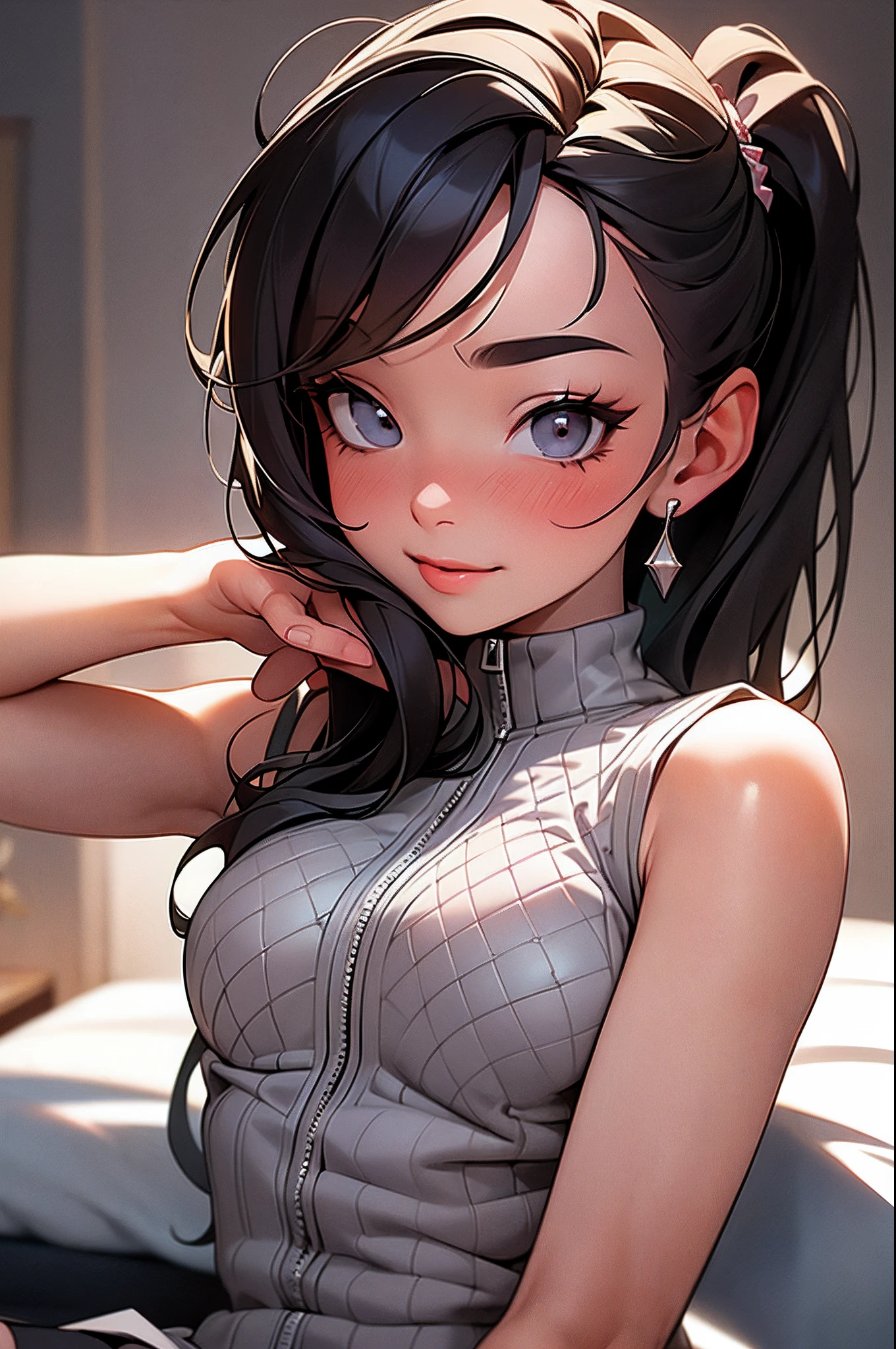 Masterpiece, High definition, high quality, detailed face, detailed body rendering, 1girl, solo, Hinata sleeveless clothing,room,, sleeveless shirt,( fishnet garment), unzipper jacket, standing, blush, (in bedroom)