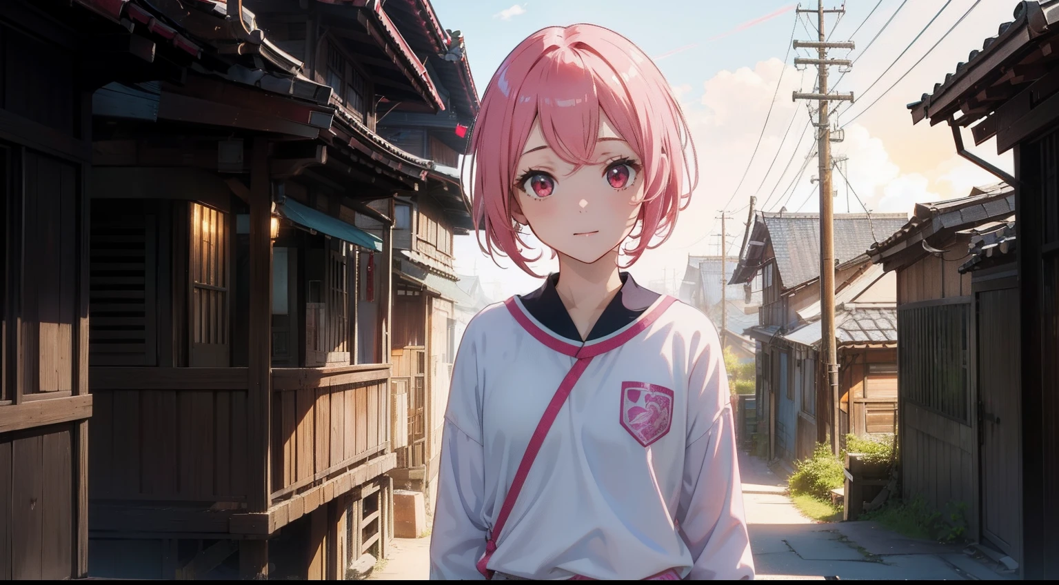 ​masterpiece、top-quality、Movie stills、1girl in、pinkhair、shorth hair、short-cut、校服、with light glowing、Happiness、kawaii、homeliness、Fantastical、the setting sun（Spark：0.7）