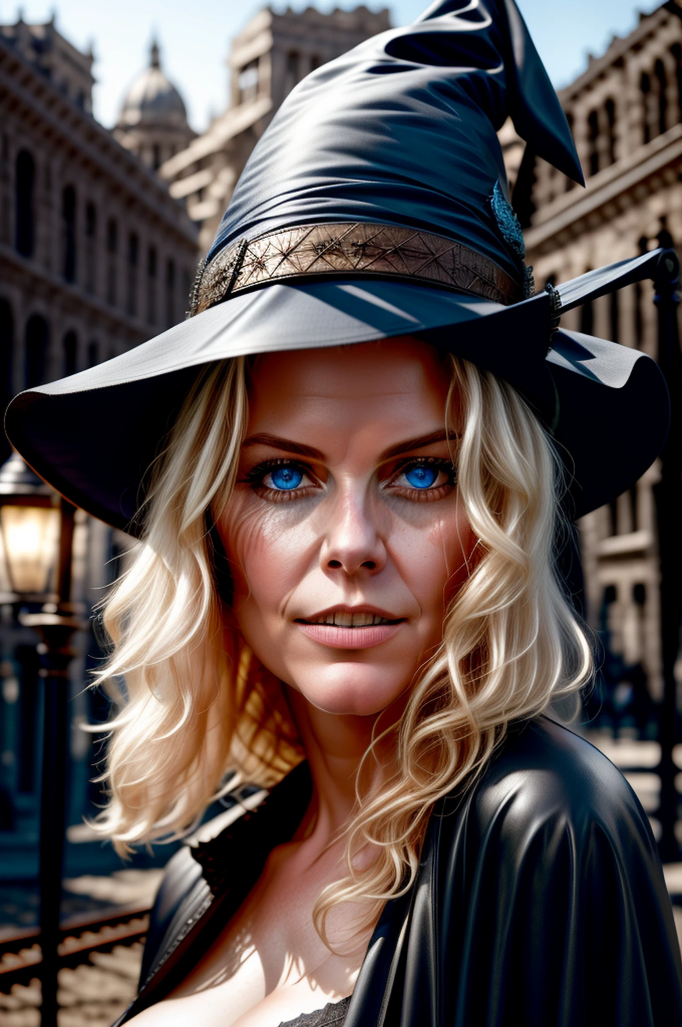 Style-Nebmagic, Style-SylvaMagic, award winning character concept art of, a cute magical witch, blue eyes, blonde hair, blurry_background,  witch hat, natural lighting, lips, looking_at_viewer, solo, from side, highly detailed 8k character concept portrait studio lighting by Annie Leibovitz and Steve McCurry octane render trending on artstation made in Maya 4K high quality digital painting dramatic lighting ,