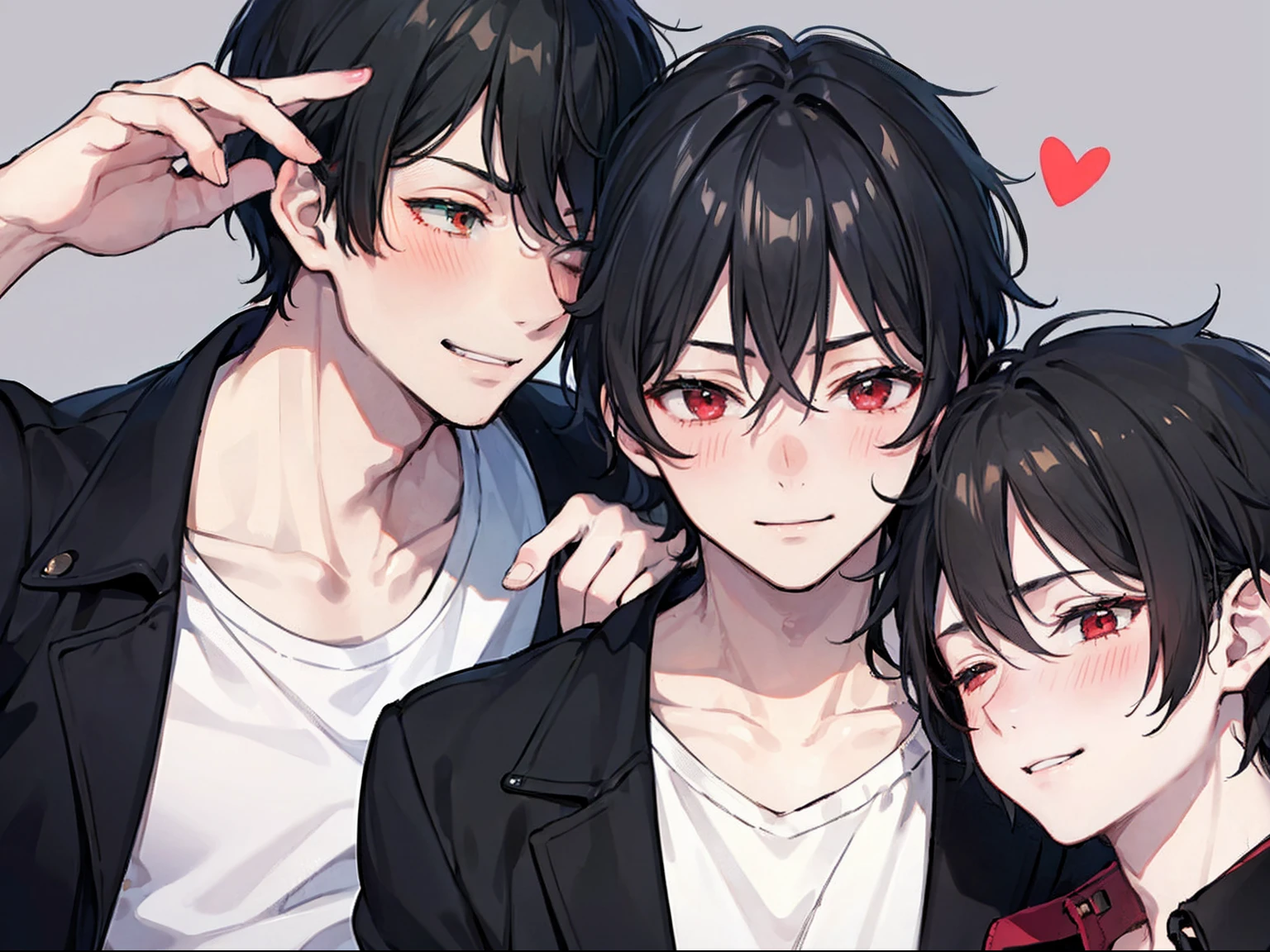 (Masterpiece), (best quality), ((super-detailed)), (photorealistic), (2male), mature male, ((handsum male)), gay, ((yaoi)), eye contact ,hugging , heart,romantic style
BREAK
(male1: red eyes, black hair,jacket,blush,serious)
BREAK
(male2: closed eyes, black hair, very short hair, green eyes, shirt,smiling),