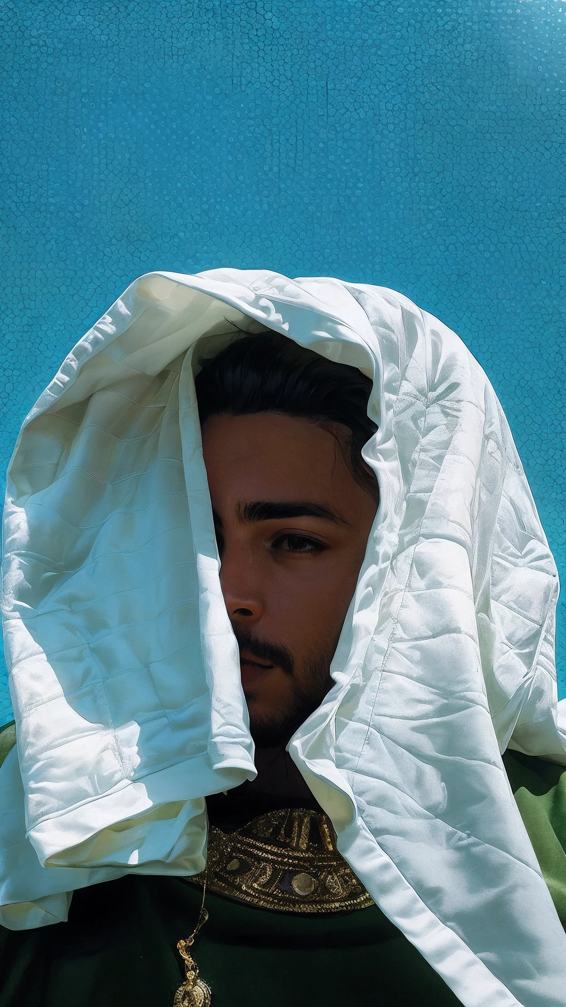 There's a man with a hood on his head looking down, capuz e sombras cobrindo o rosto, capuz cobre os olhos, bloqueando o sol, Album art, post malone, Photographic photography, new album cover, foto do perfil, Portrait of Crazy Post Malone, usando capuz de seda branca, rap album cover, teddy fresh, sun behind him, Arte Oficial, Arte Promocional, photo shoot