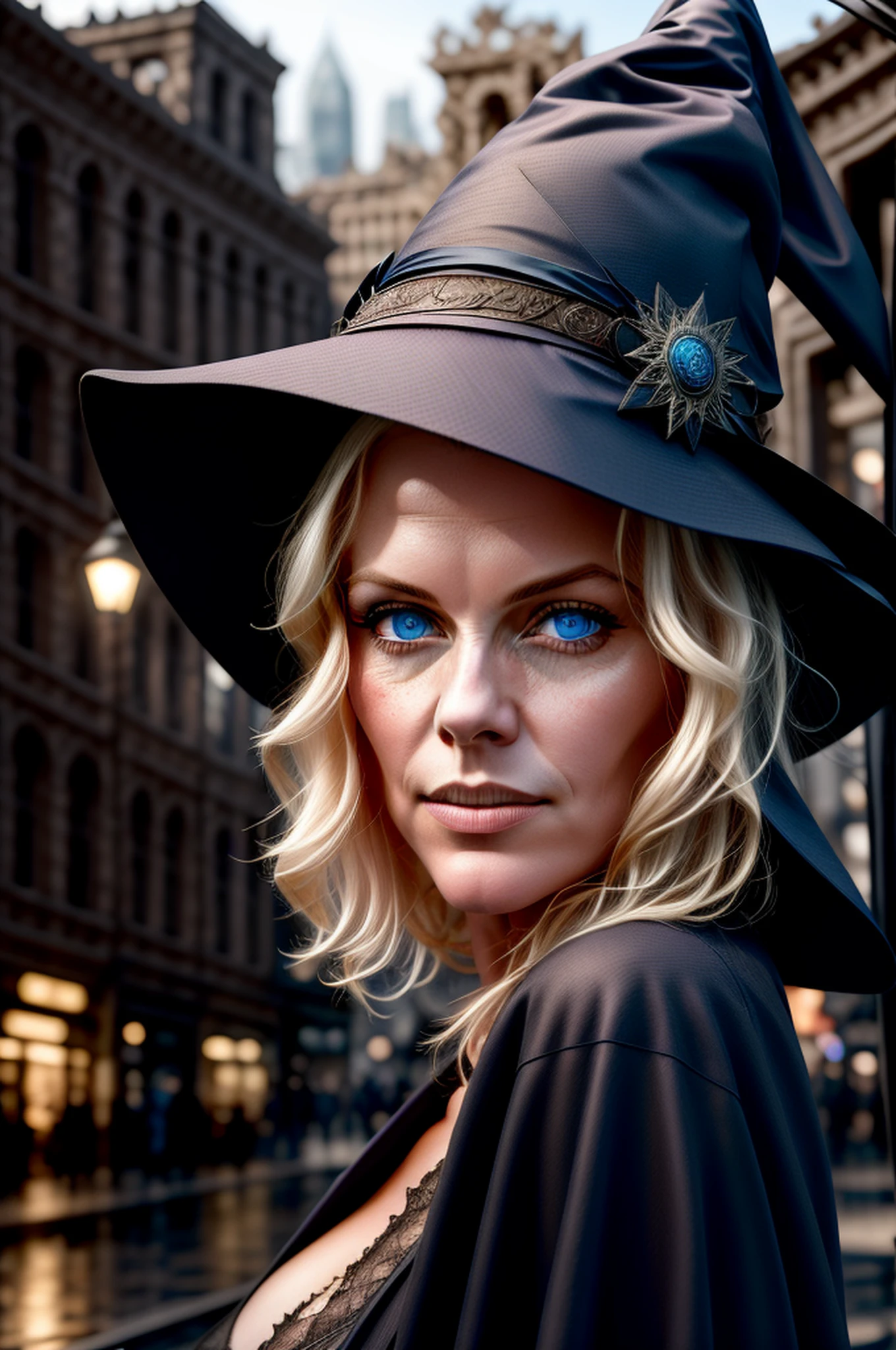 Style-Nebmagic, Style-SylvaMagic, award winning character concept art of, a cute magical witch, blue eyes, blonde hair, blurry_background,  witch hat, natural lighting, lips, looking_at_viewer, solo, from side, highly detailed 8k character concept portrait studio lighting by Annie Leibovitz and Steve McCurry octane render trending on artstation made in Maya 4K high quality digital painting dramatic lighting ,