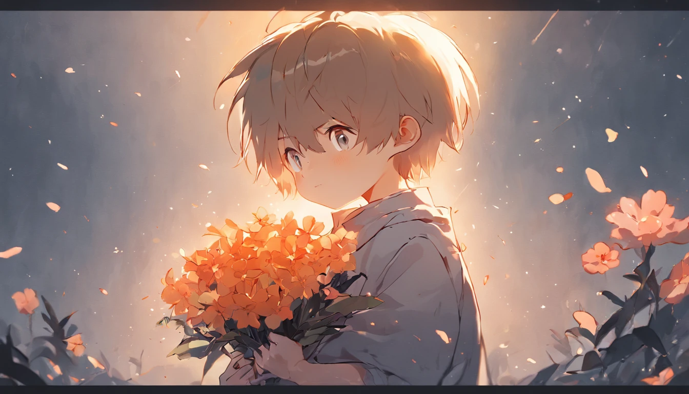 holding flowers,Meticulous painting style,Soft and fresh colors,Gentle lighting effects,Picturesque picture quality,Warm atmosphere