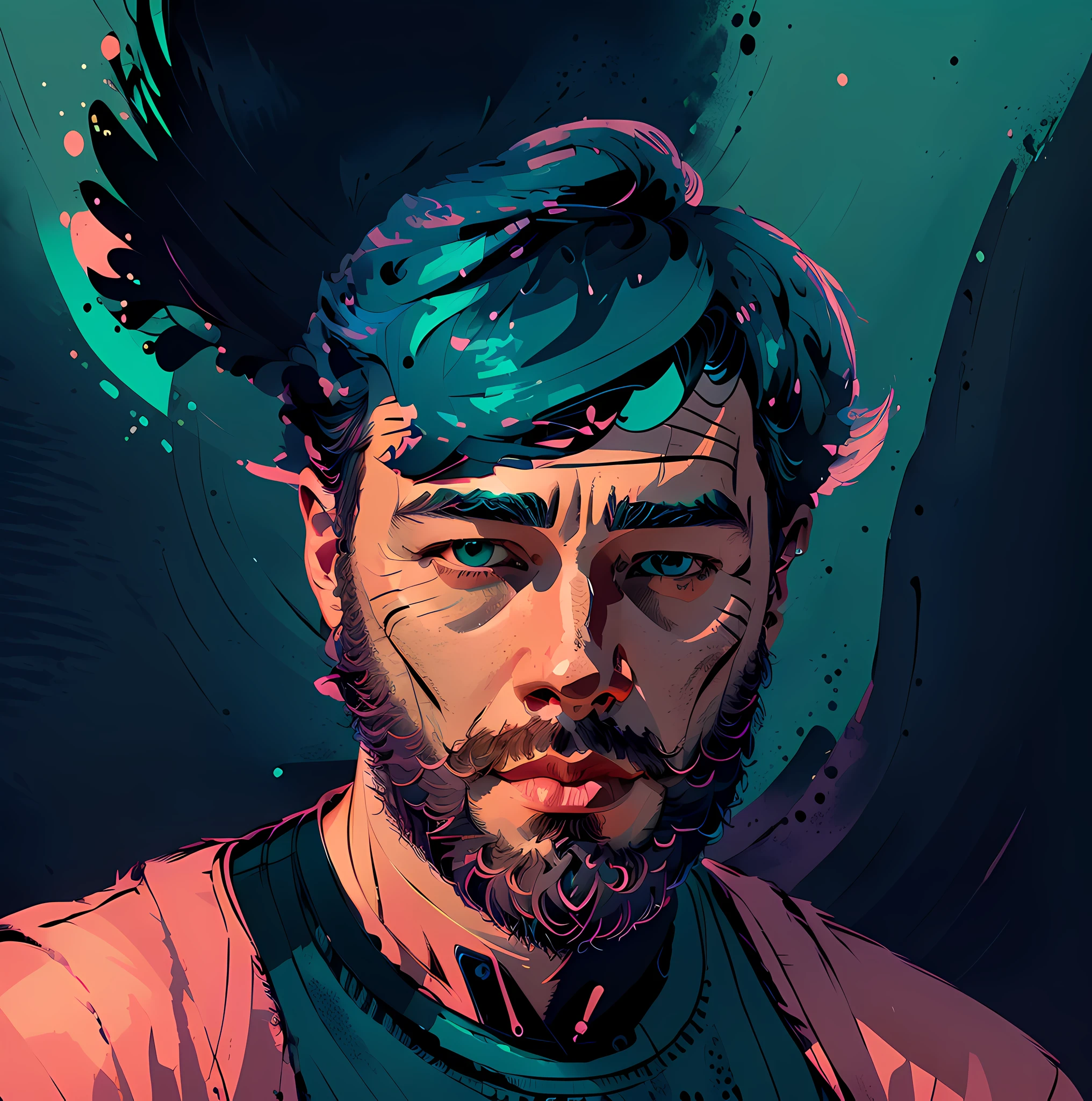 in the style of 0mib, pastelvectorai, young man, ager, Teen, bearded portrait, highly detailed flat vector illustration, pastel colors, 8k resolution, accurate facial features, black beard
