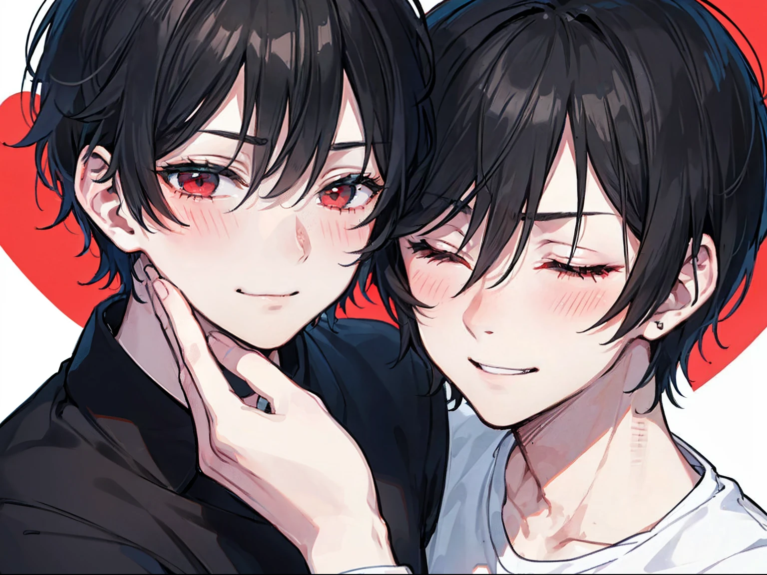 (Masterpiece), (best quality), ((super-detailed)), 2 boys, 15-years-old, handsome, gay, ((yaoi)), eye contact, hugging, heart, romantic style, school uniform, watch, school, holding each other's hands, affectionate touching, BREAK (boy1: red eyes, black hair, blush, serious, lots of piercings) BREAK (boy2: closed eyes,  black hair, very short hair, shirt, smiling, lots of piercings)