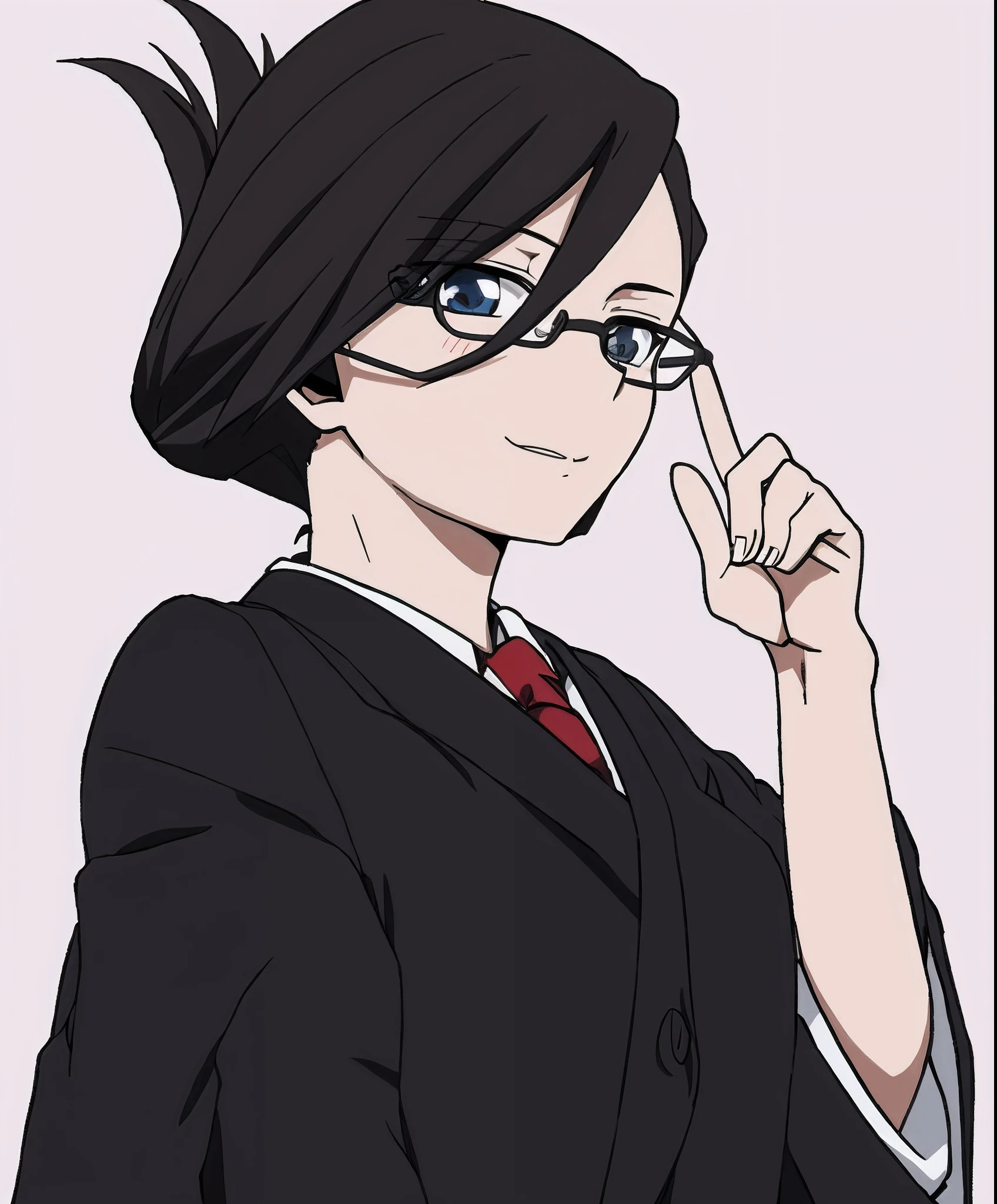 anime girl with glasses and a black suit and tie, in an anime style, inspired by Okumura Masanobu, with index finger, black - haired mage, sui ishida with black hair, inspired by Kusumi Morikage, nezuko-chan, hinata hyuga, nezuko, flat anime style shading, with glasses, masterpiece, best quality, (((glasses)))
