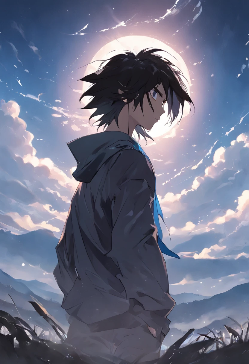 A book cover that contains, a grassy plains, mountains in the bagground with clouds surrounding them, a boy; Long black hair in a ponytail, crystal blue eyes that shines with intelligence, a black shirt, he is standing with his back to the camera and staring into the far off distance, the sun is about to rise and the wind is blowing his hair, Anime art-style, He is young; around the age of 6, A cute pretty face