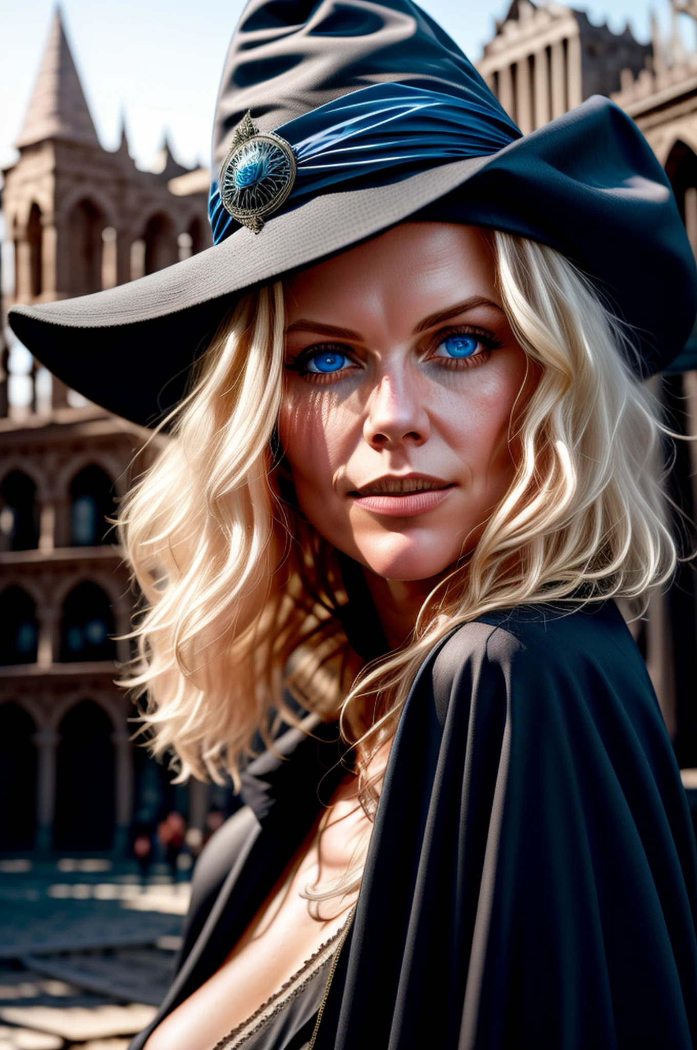 Style-Nebmagic, Style-SylvaMagic, award winning character concept art of, a cute magical witch, blue eyes, blonde hair, blurry_background,  witch hat, natural lighting, lips, looking_at_viewer, solo, from side, highly detailed 8k character concept portrait studio lighting by Annie Leibovitz and Steve McCurry octane render trending on artstation made in Maya 4K high quality digital painting dramatic lighting ,