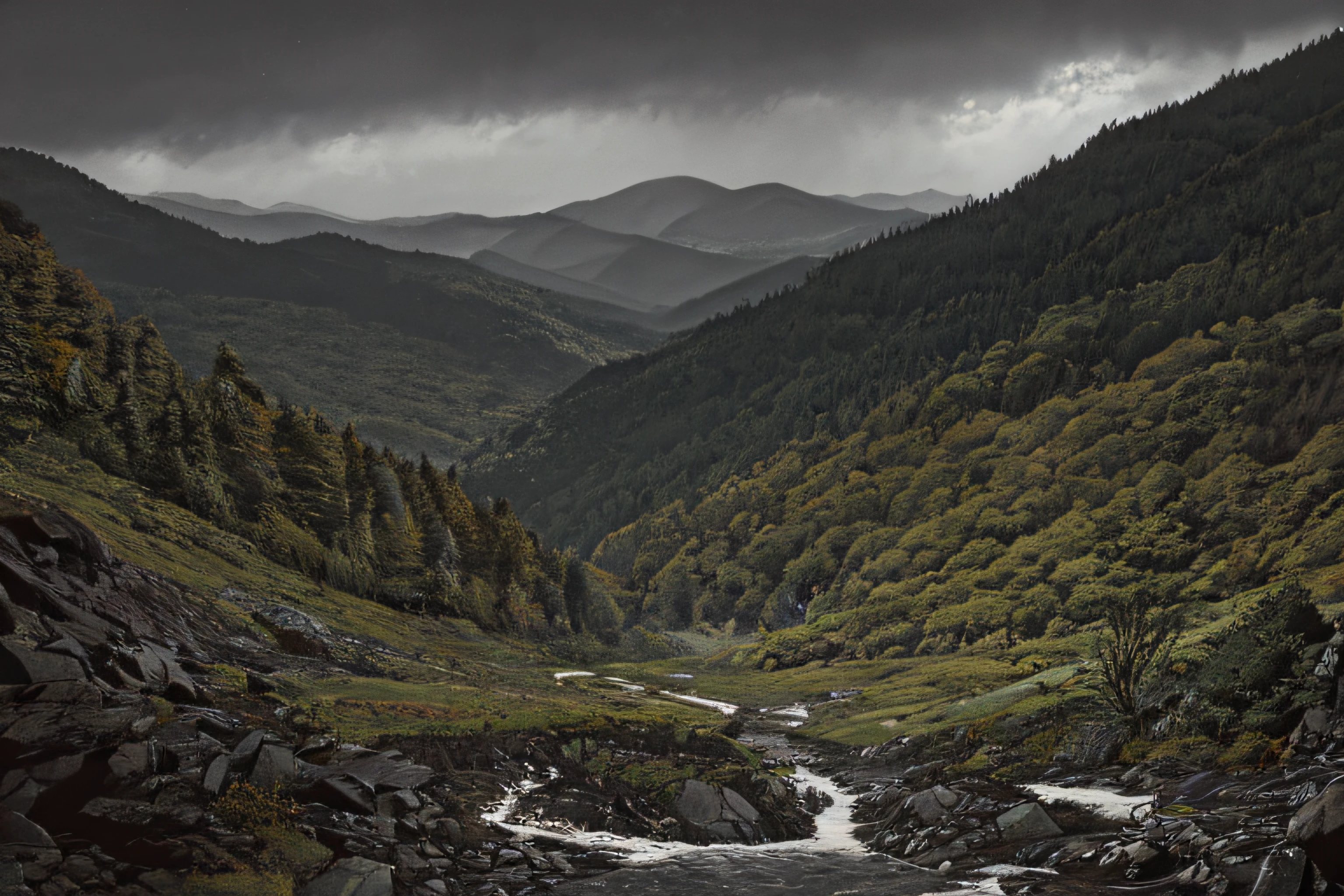 Landscape, deciduous forests, hills, storm, heavy rain