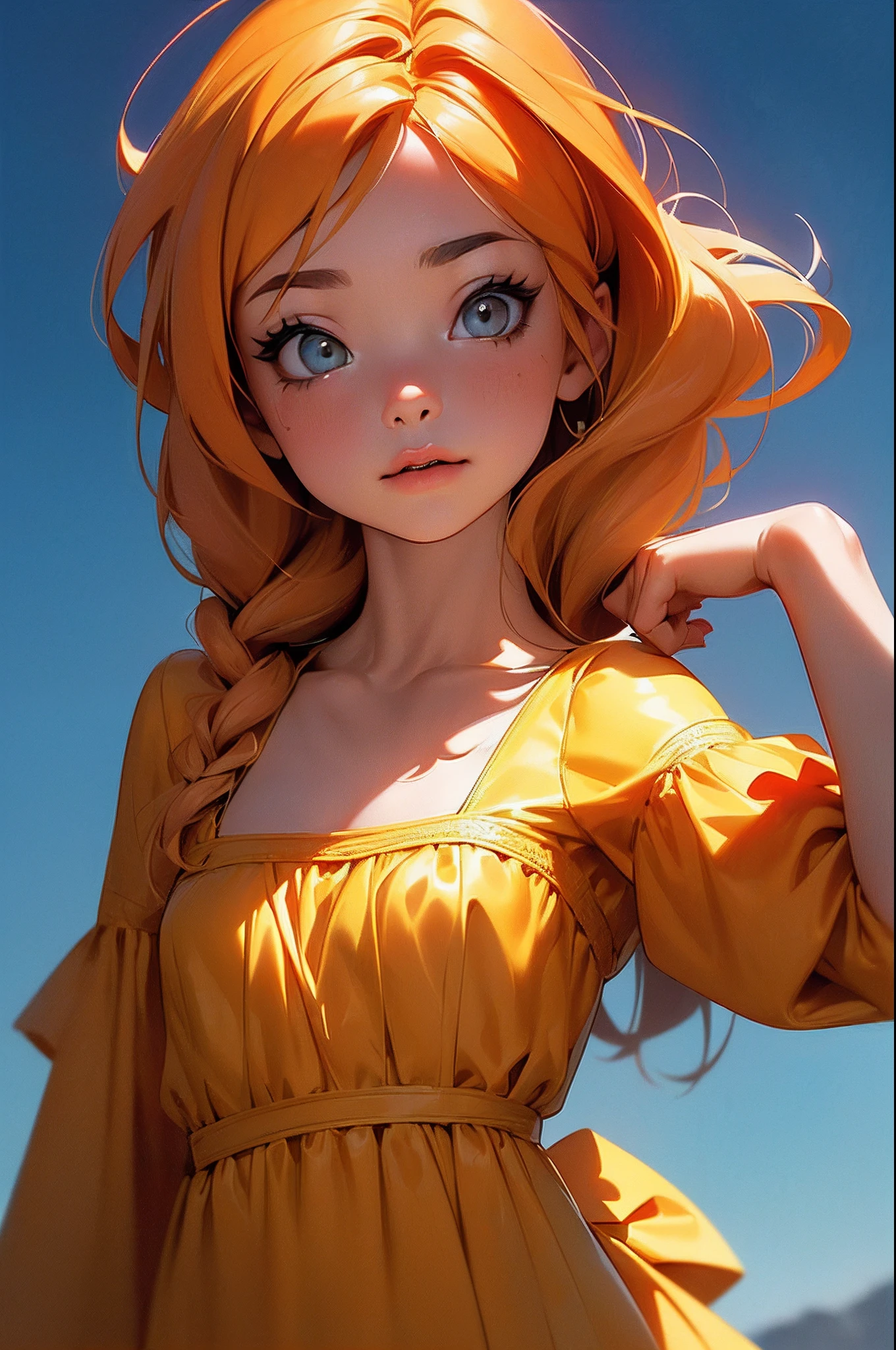 anime style, model shoot style, (upper body) photo of a ((little girl:1.6)), (1girl, young girl, small body), (orange hair, long hair:1.3), (black dress),
((pretty  face: 1.7, perfect face:1.5)), (best quality:1.5, hyperrealistic:1.5, photorealistic:1.4, Madly detailed CG unity 8k wallpaper:1.5,
masterpiece:1.3, Madly detailed photo:1.2), (hyper-realistic lifelike texture:1.4, realistic eyes:1.2), (octane render, unreal engine 5),
(ecstasy of light and shadow:1.5, deep shadow:1.5), (sony a7, 50 mm, film grain:1.5, 4K UHD HDR),
(photo by lee jeffries, Greg Rutkowski and Magali Villanueva)