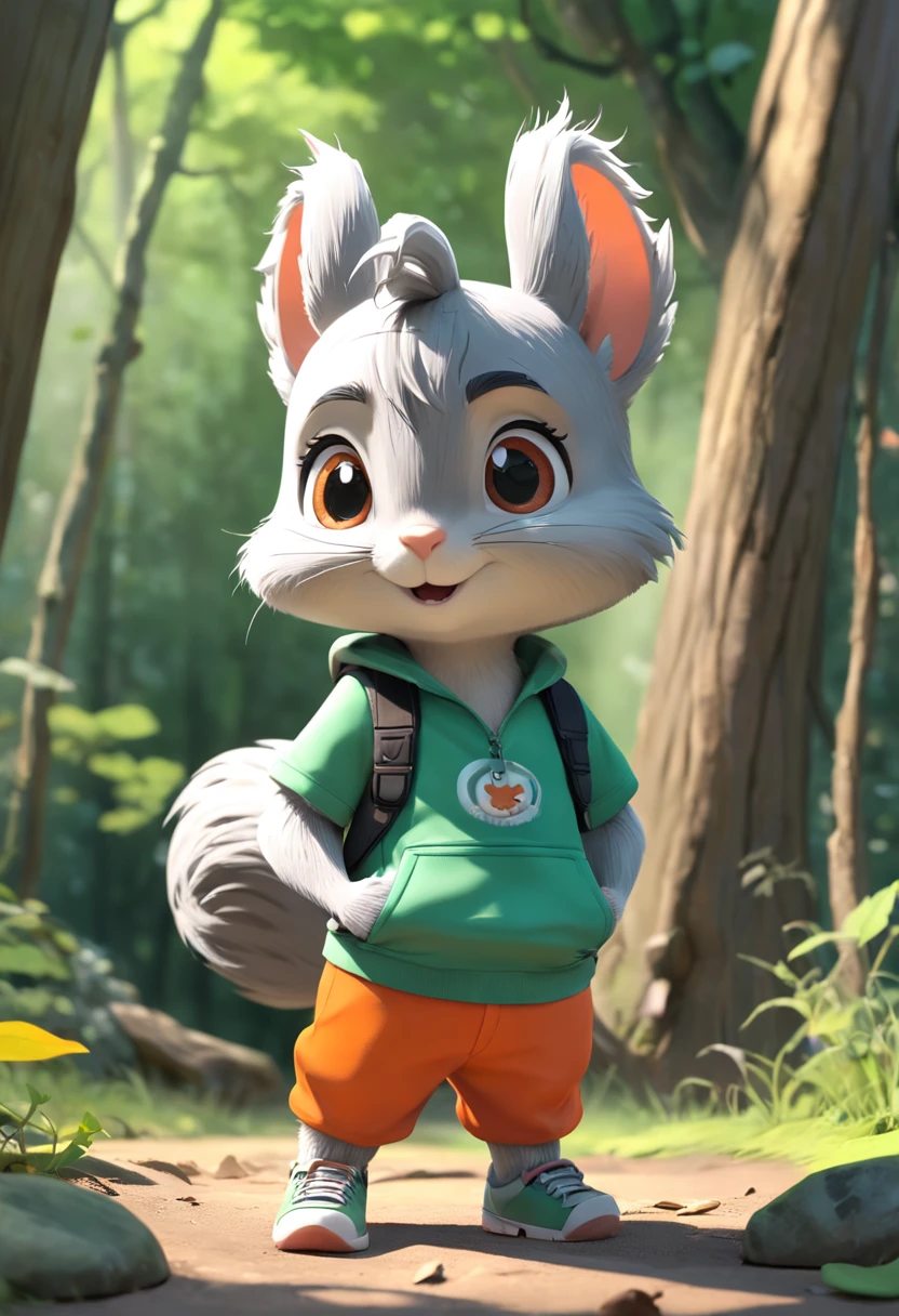 plastic toy，Gray squirrel in green suspenders and orange shirt，Wear sneakers, Gray squirrel，Cute cartoon character, Cute characters, cute forest creature, Cartoon style, Disney, 。.3D, 。.3D, Escultura,，Disney，Disney。3 d rendered, 3D model