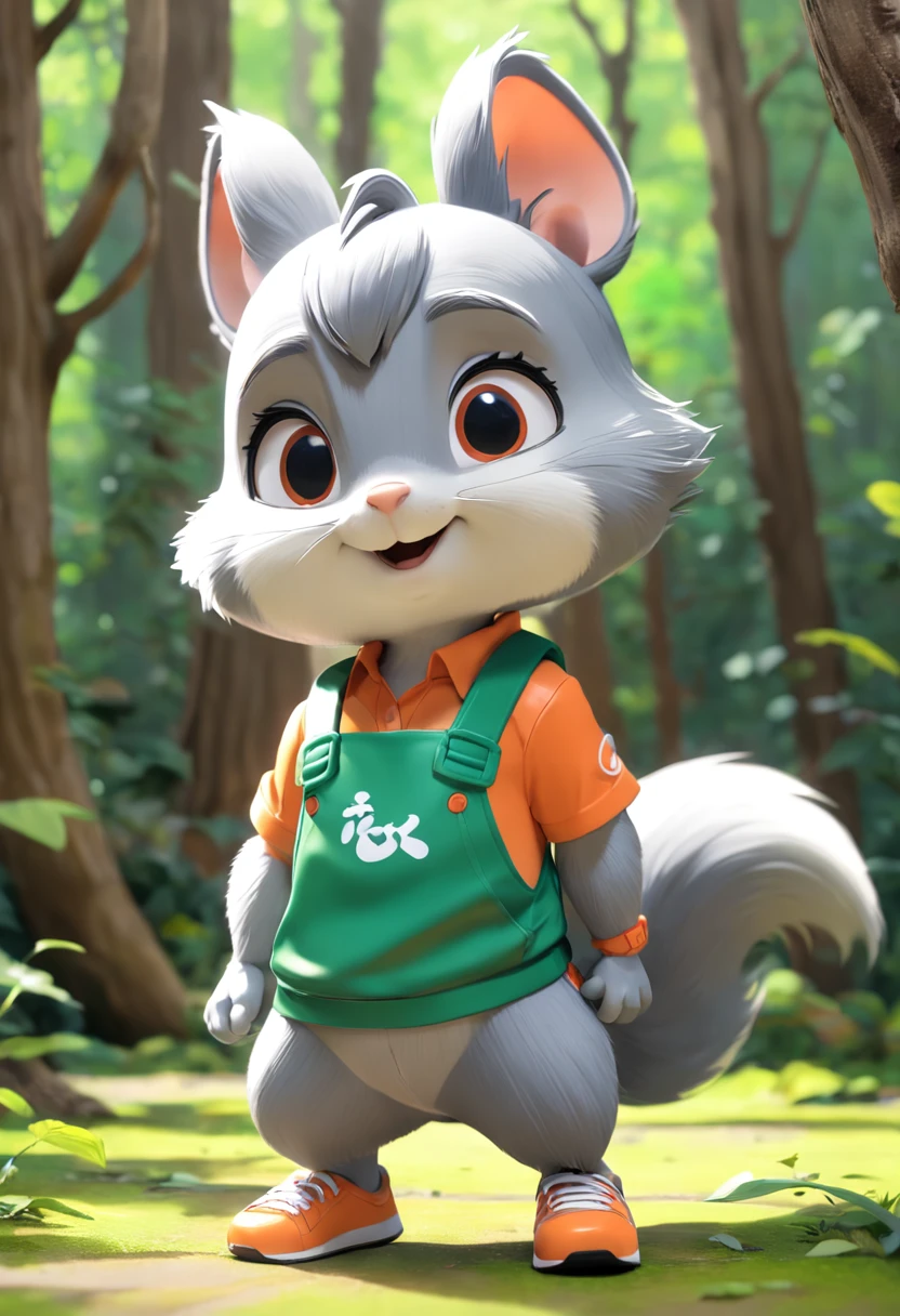 plastic toy,Gray squirrel in green suspenders and orange shirt,Wear sneakers, Gray squirrel,Cute cartoon character, Cute characters, cute forest creature, Cartoon style, Disney, 。.3D, 。.3D, Escultura,,Disney,Disney。3 d rendered, 3D model