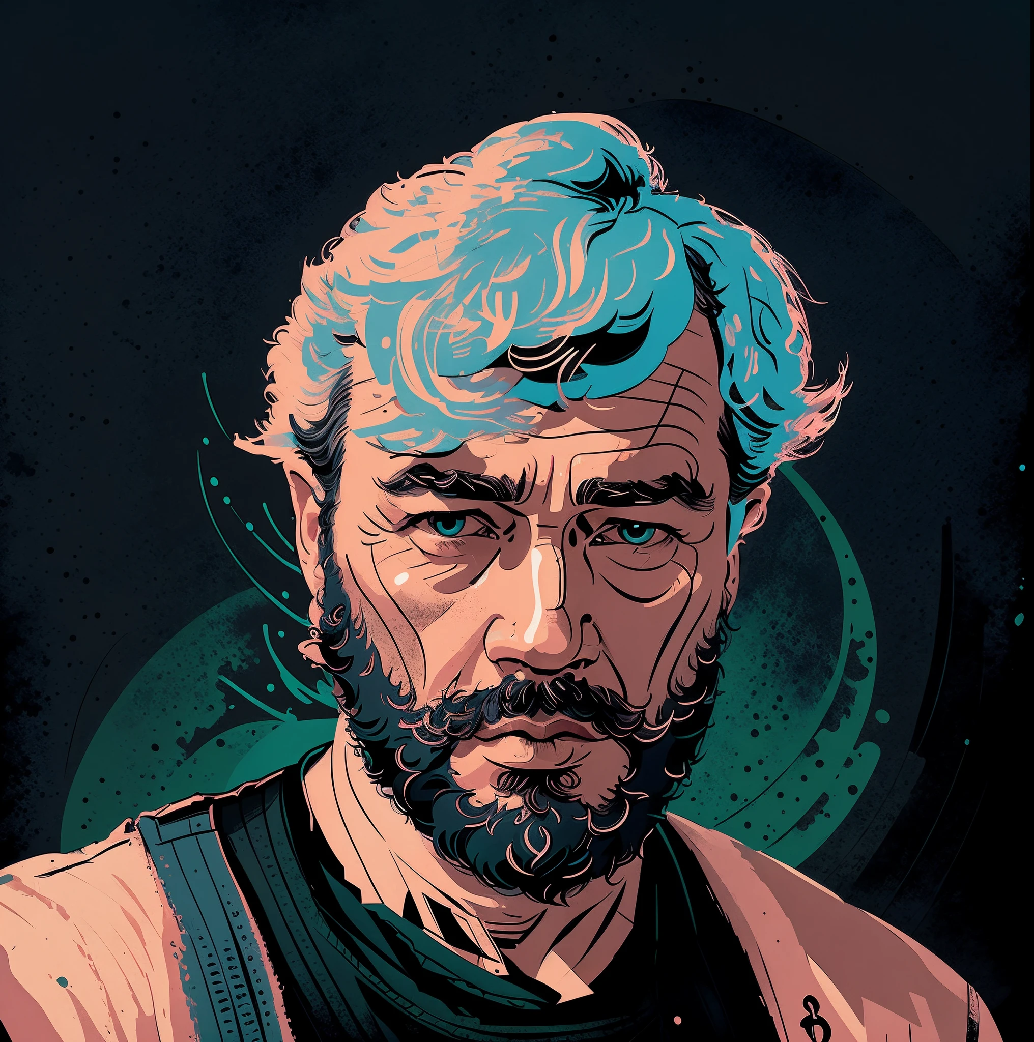 in the style of 0mib, pastelvectorai, mature man, bearded portrait, highly detailed flat vector illustration, pastel colors, 8k resolution, accurate facial features, black beard,