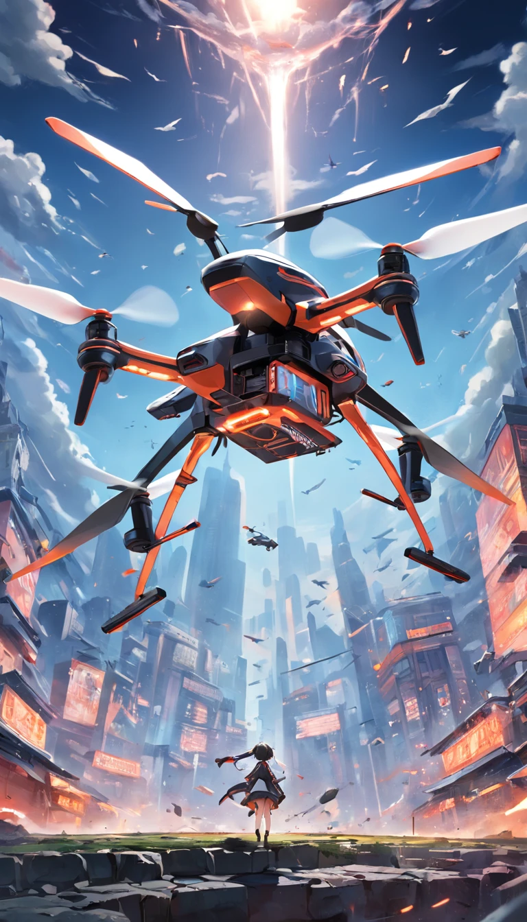 Quadcopter UAV,With a fifty percent mecha style,Product design drawings,Advertising design,illustration,Thrilling battles,high aerial shot,Flight stability,Changeable perspectives,detail-rich,Bird's eye view,Unique perspective,Dynamic graphics,Full of technology,Amazing。