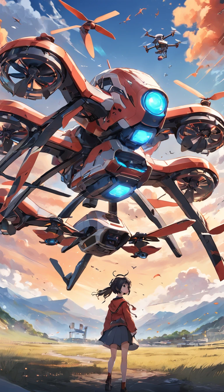 Quadcopter UAV,With a fifty percent mecha style,Product design drawings,Advertising design,illustration,Thrilling battles,high aerial shot,Flight stability,Changeable perspectives,detail-rich,Bird's eye view,Unique perspective,Dynamic graphics,Full of technology,Amazing。