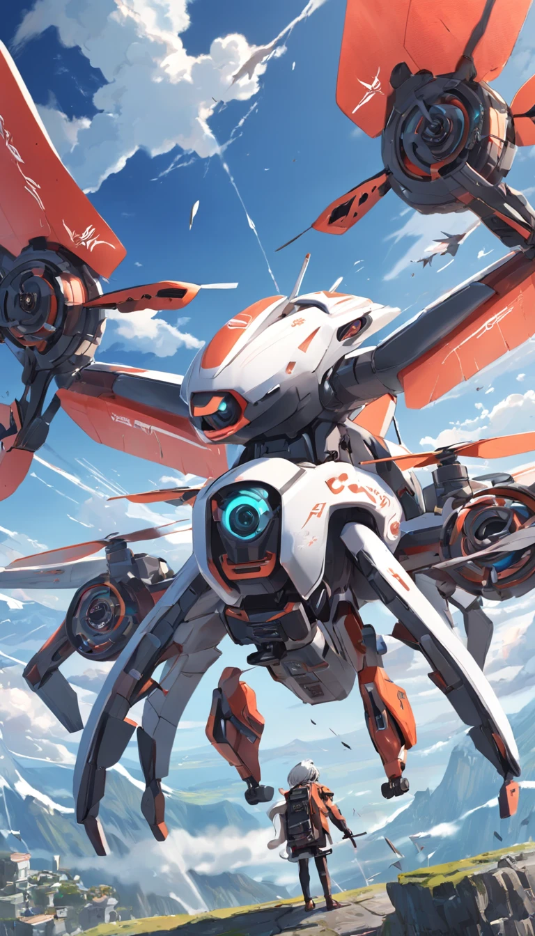 Quadcopter UAV，With a fifty percent mecha style，Product design drawings，Advertising design，illustration，Thrilling battles，high aerial shot，Flight stability，Changeable perspectives，detail-rich，Bird's eye view，Unique perspective，Dynamic graphics，Full of technology，Amazing。